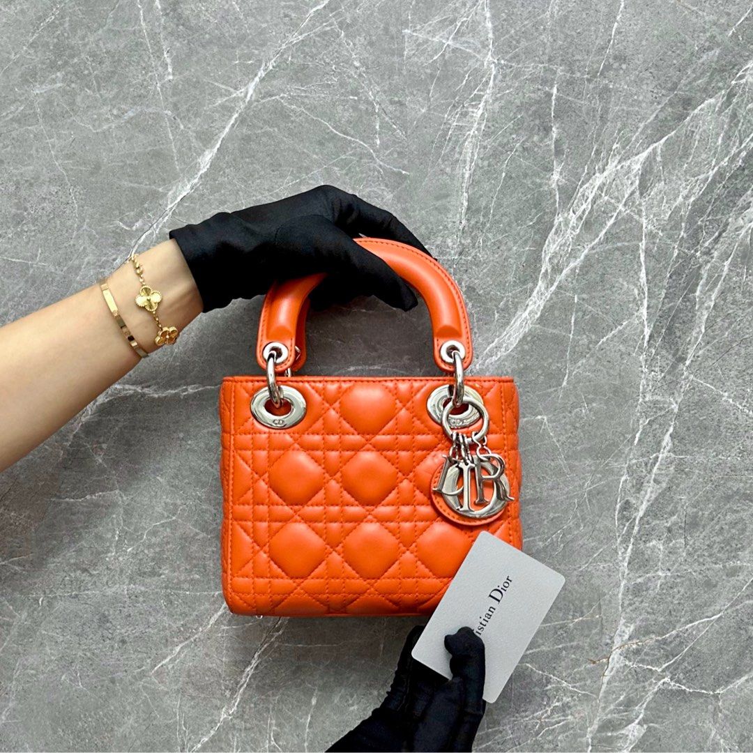 *No Strap* Dior Lady Mini Lambskin Orange SHW - Luxury Evermore