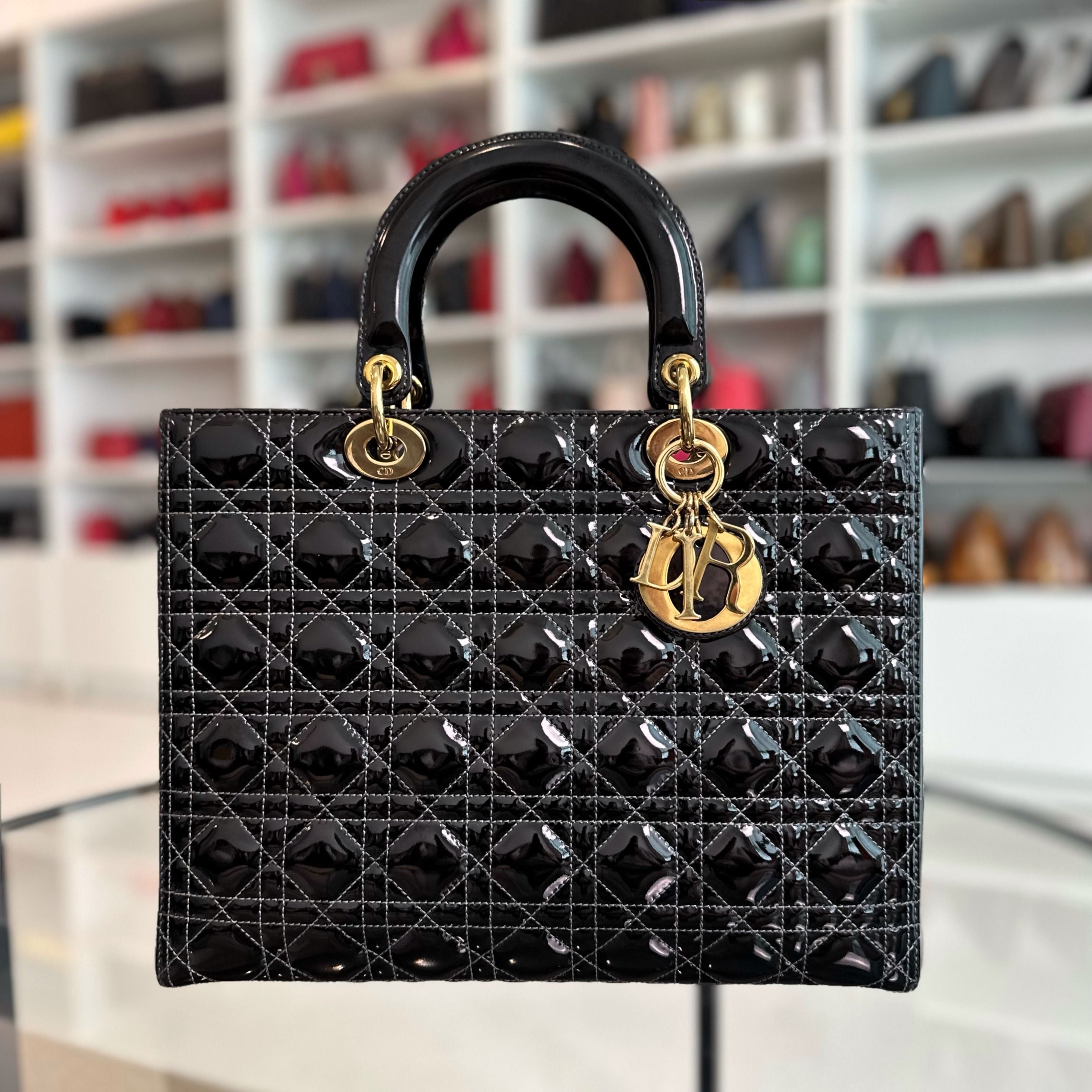 *No Strap, Recolor* Dior Lady Large Patent Leather Black GHW - Luxury Evermore
