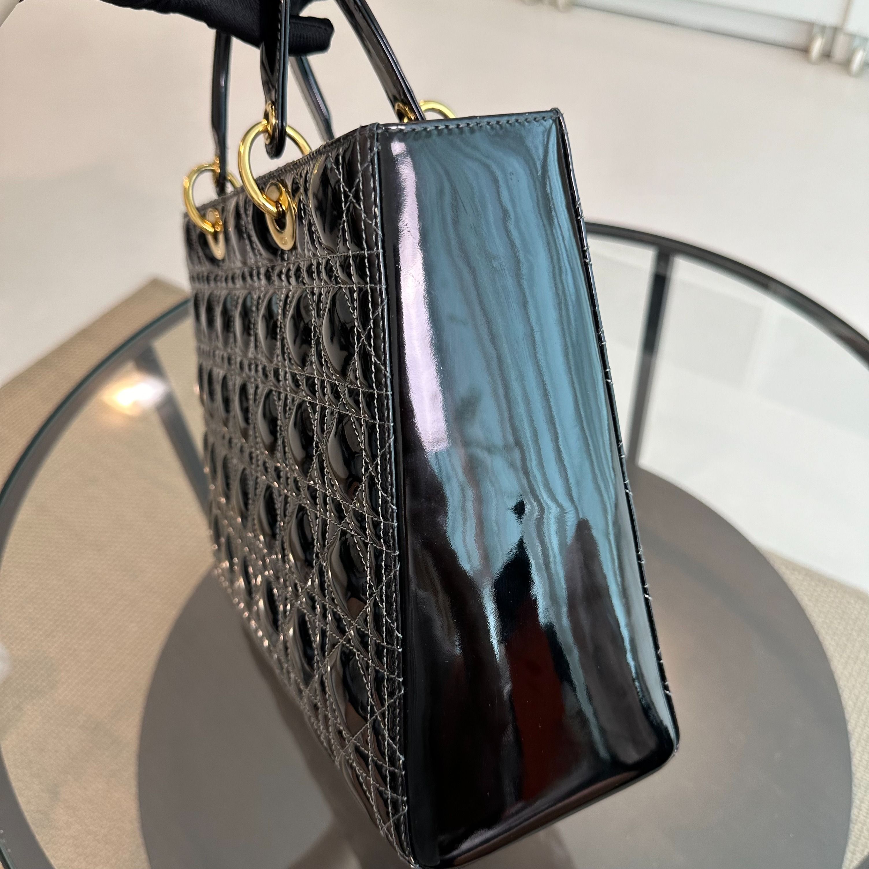 *No Strap, Recolor* Dior Lady Large Patent Leather Black GHW - Luxury Evermore