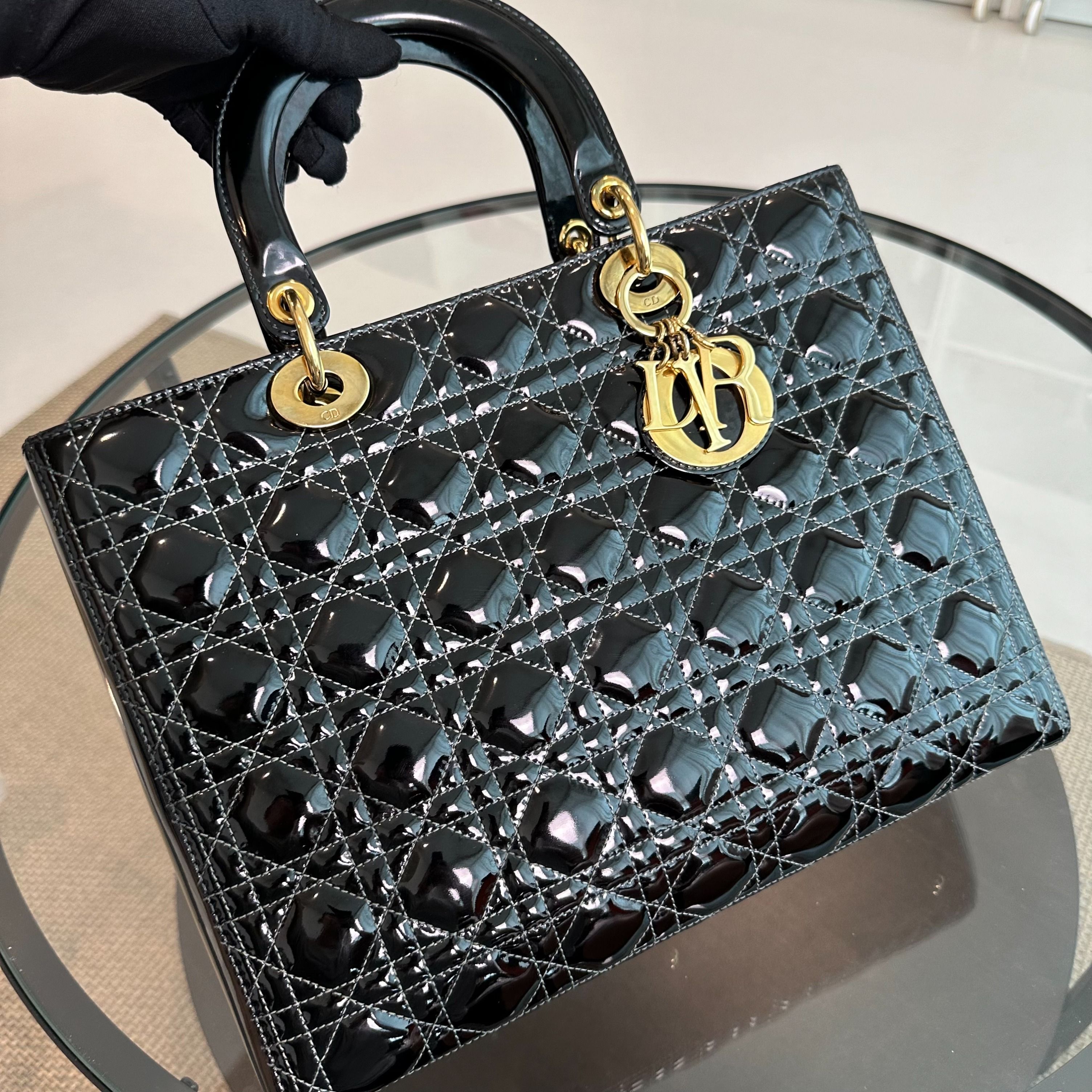 *No Strap, Recolor* Dior Lady Large Patent Leather Black GHW - Luxury Evermore