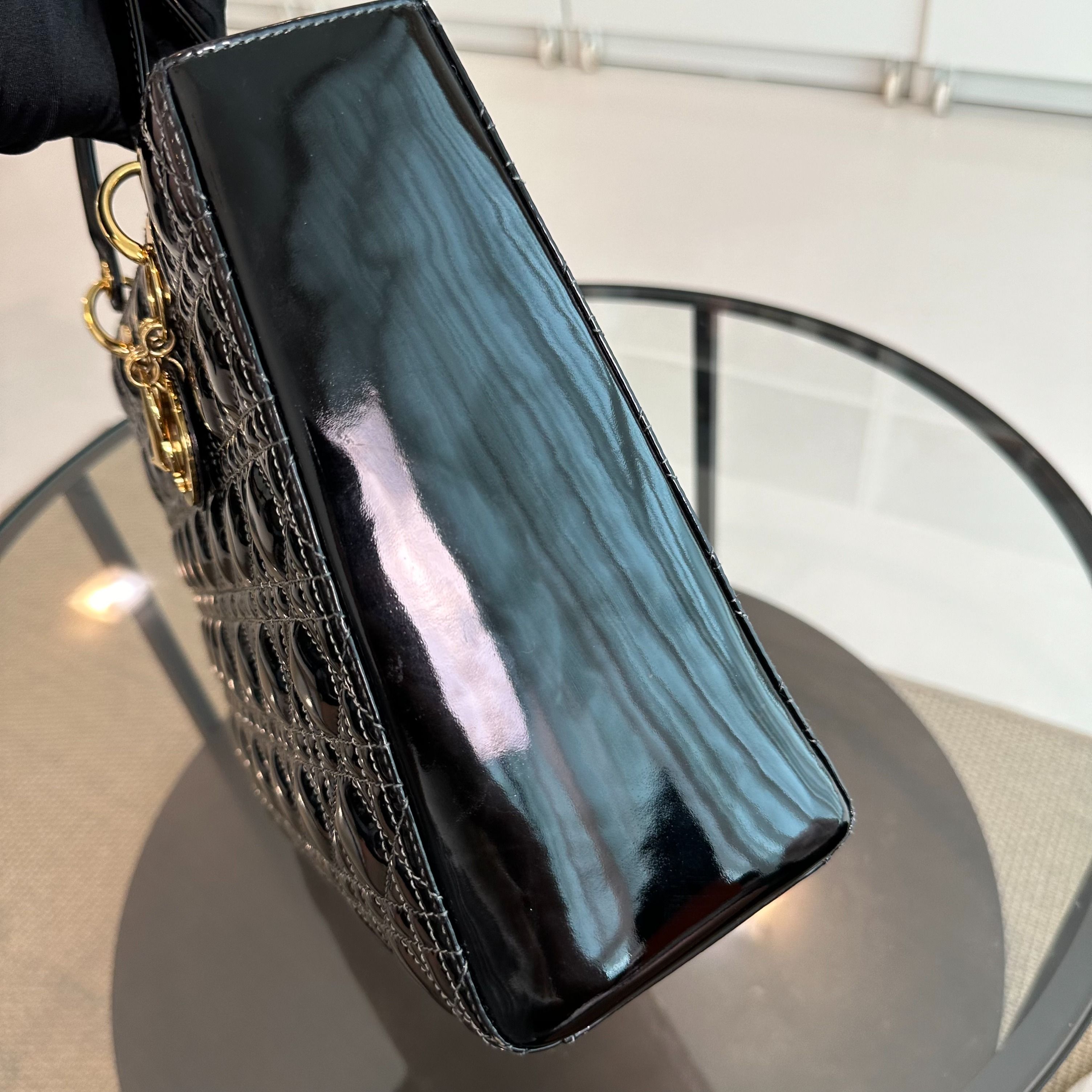 *No Strap, Recolor* Dior Lady Large Patent Leather Black GHW - Luxury Evermore
