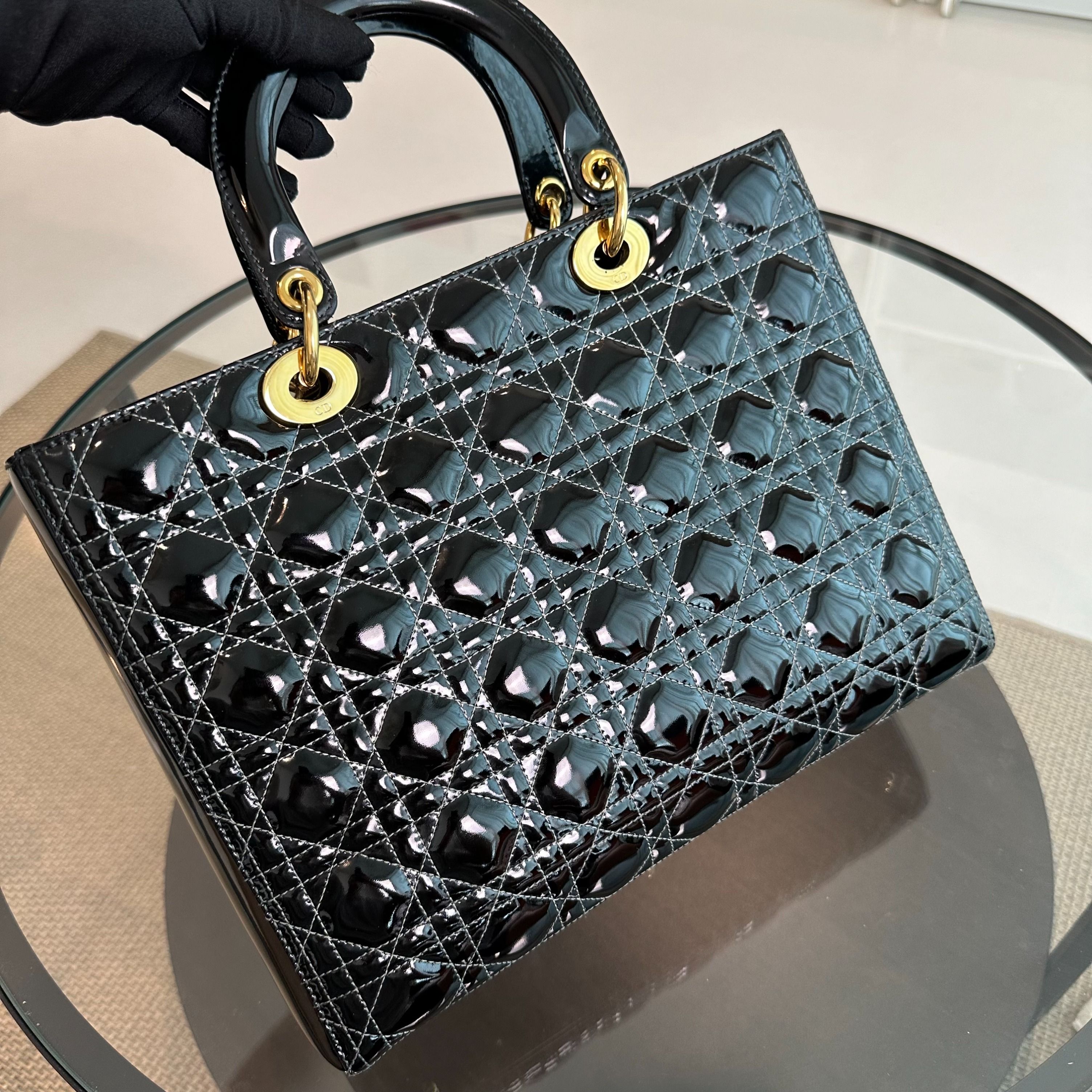 *No Strap, Recolor* Dior Lady Large Patent Leather Black GHW - Luxury Evermore