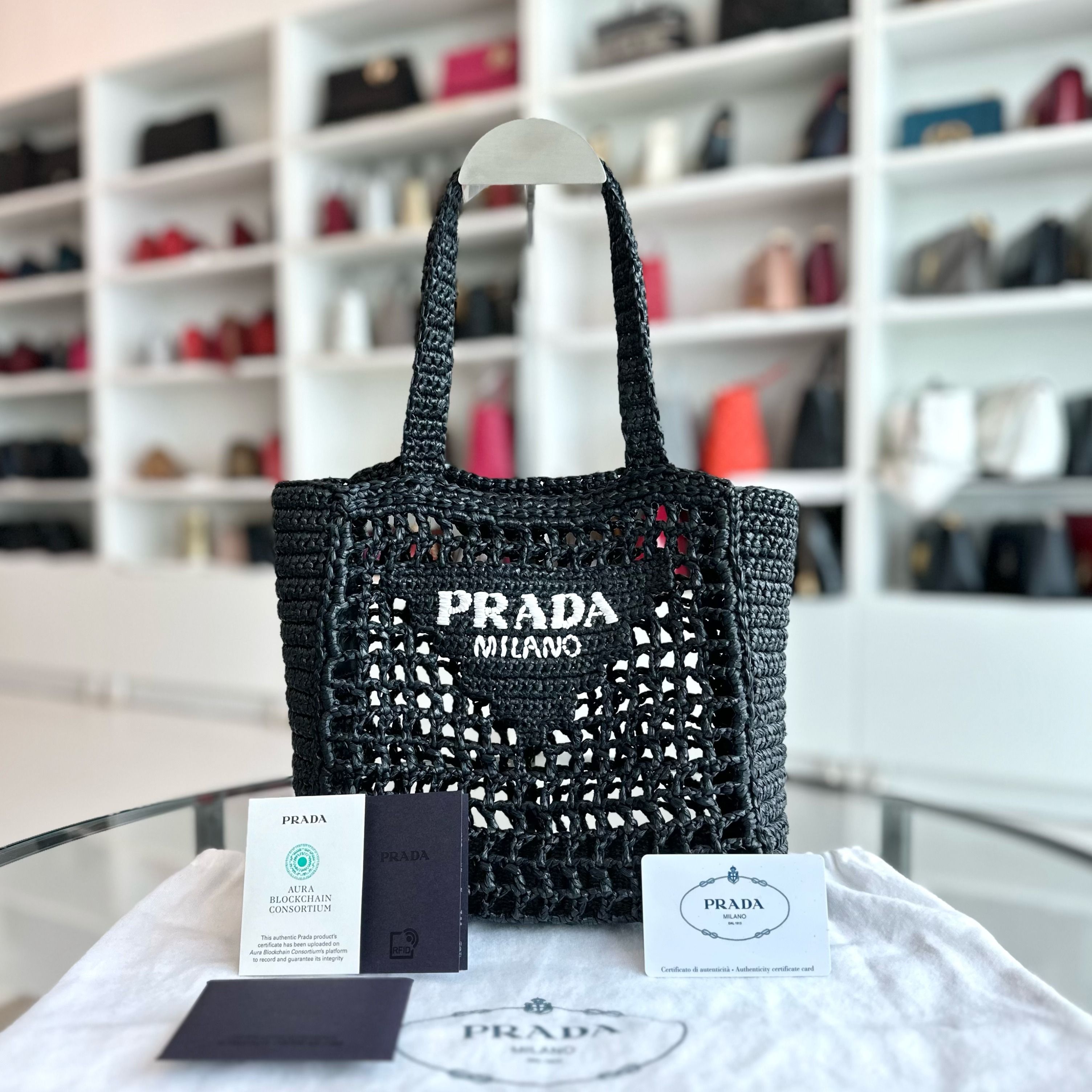 Prada Crochet Unisex Logo Tote Bag - Luxury Evermore