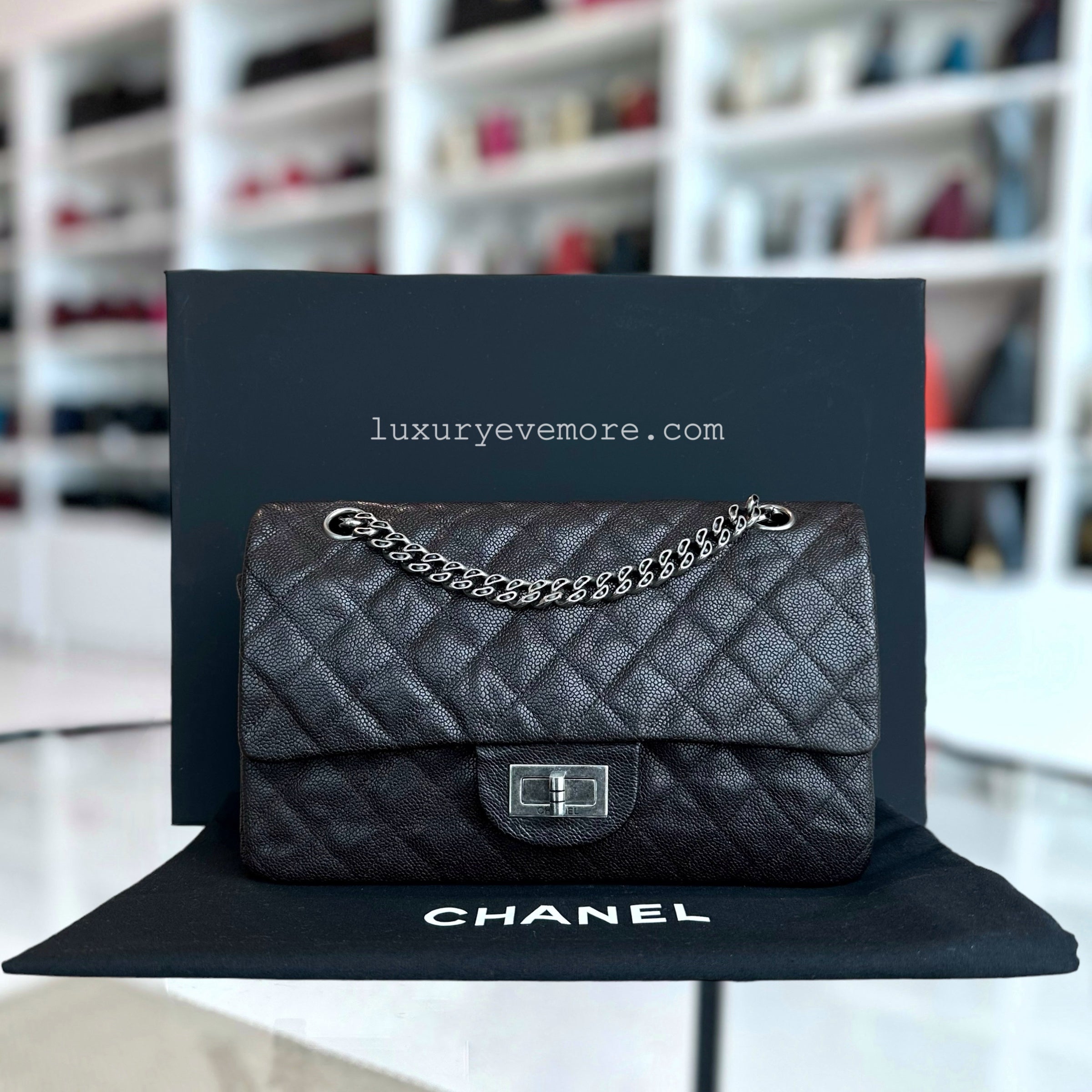 *Rare, Caviar* Chanel 2.55 225 Reissue 24CM Caviar Quilted Grained Calfskin Dark Brown Ruthenium Silver Hardware Series 11 - Luxury Evermore