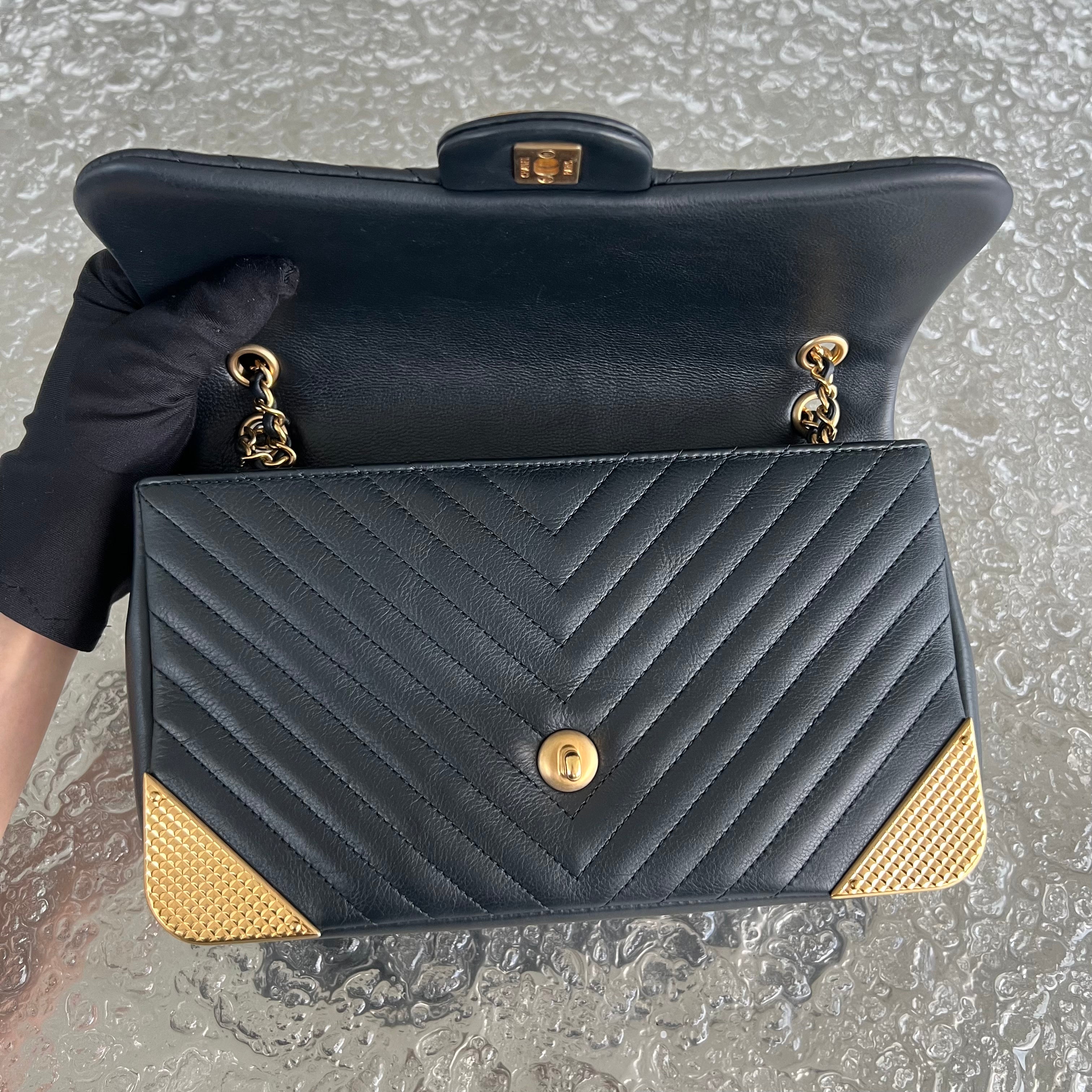 *Rare* Chanel Classic Flap Small Rock The Corner Seasonal Chevron Calfskin Black Golden Hardware Series 26 - Luxury Evermore