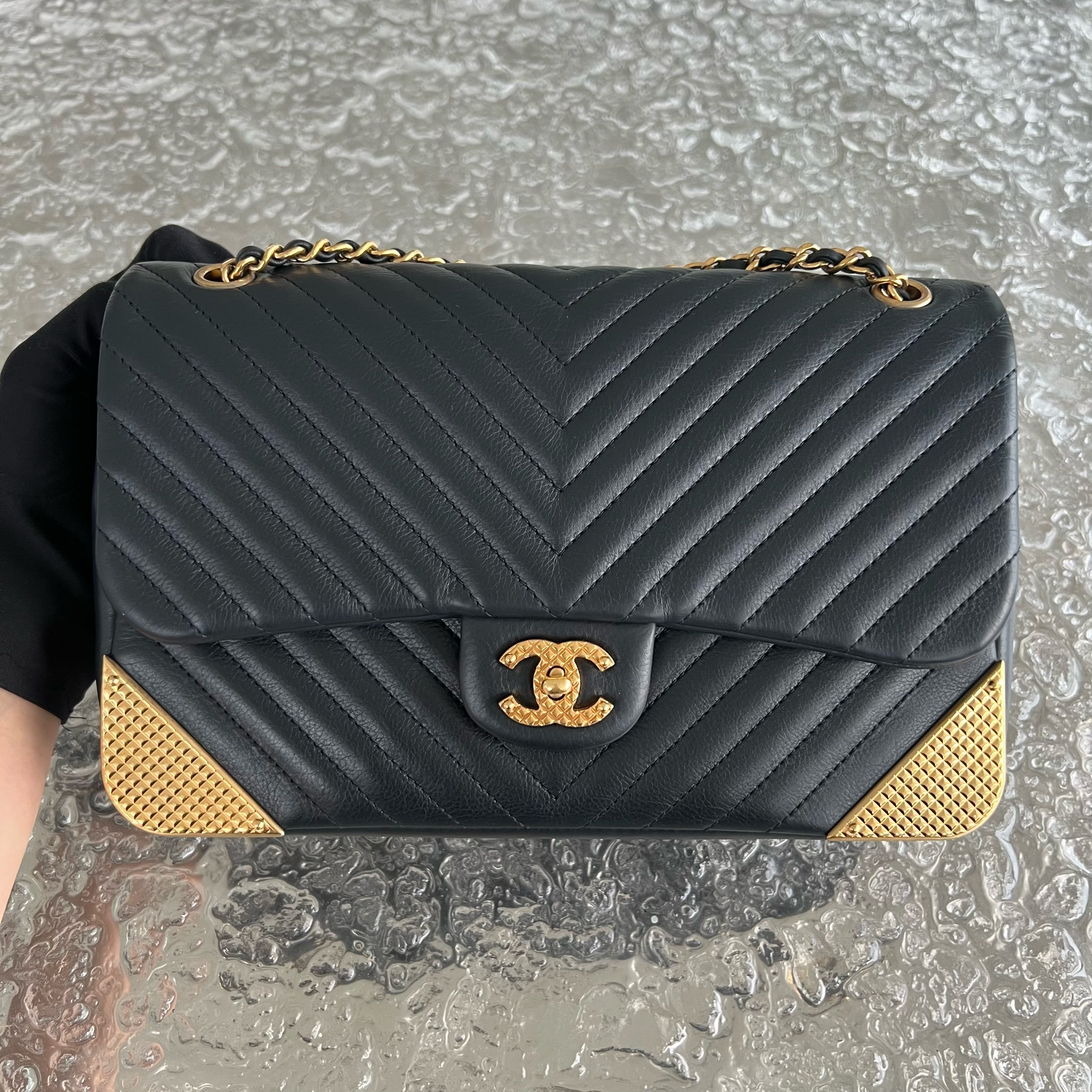 *Rare* Chanel Classic Flap Small Rock The Corner Seasonal Chevron Calfskin Black Golden Hardware Series 26 - Luxury Evermore