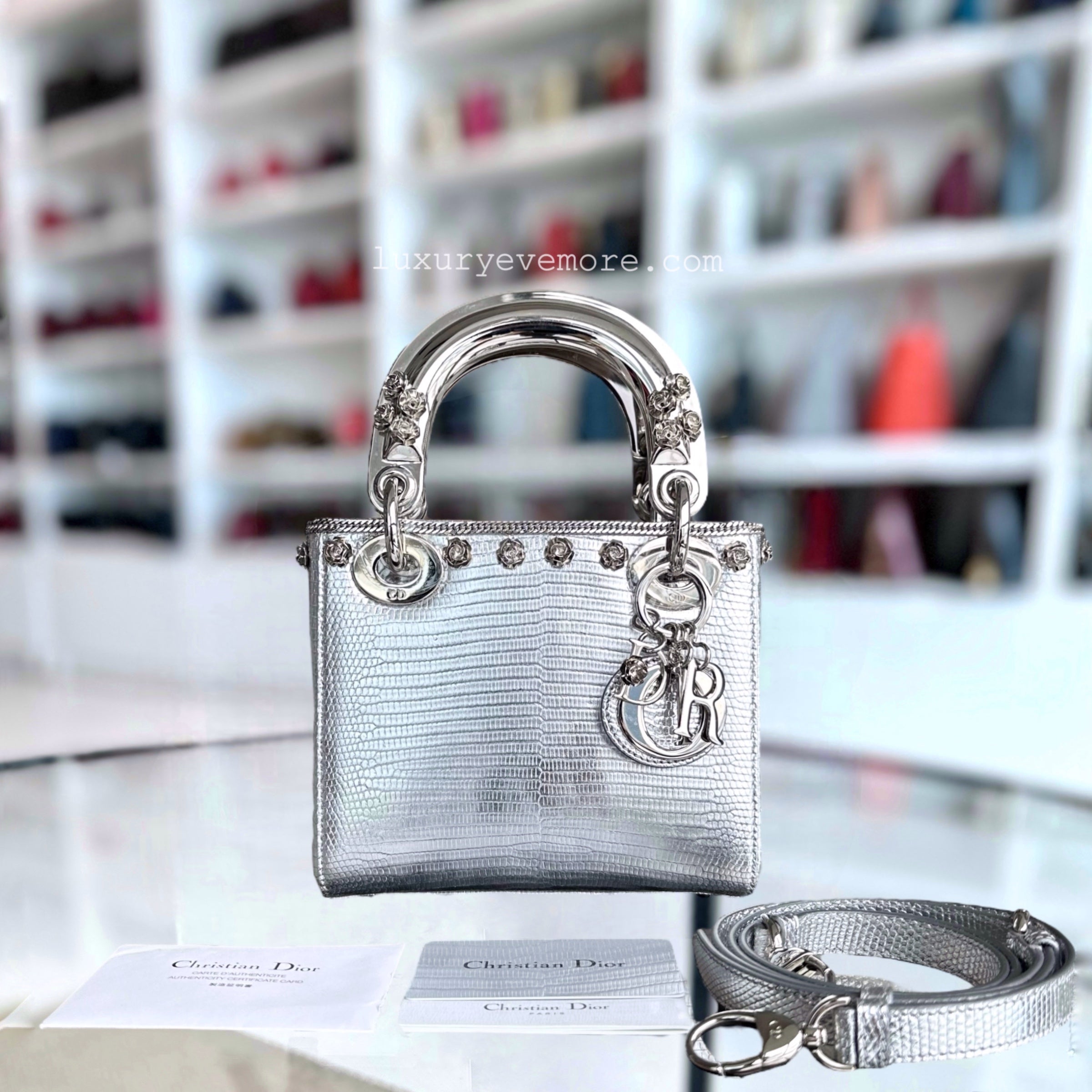 *Rare, Exotic* Dior Lady Mini Metallic Lizard Leather Silver Hardware Adjustable Strap - Luxury Evermore