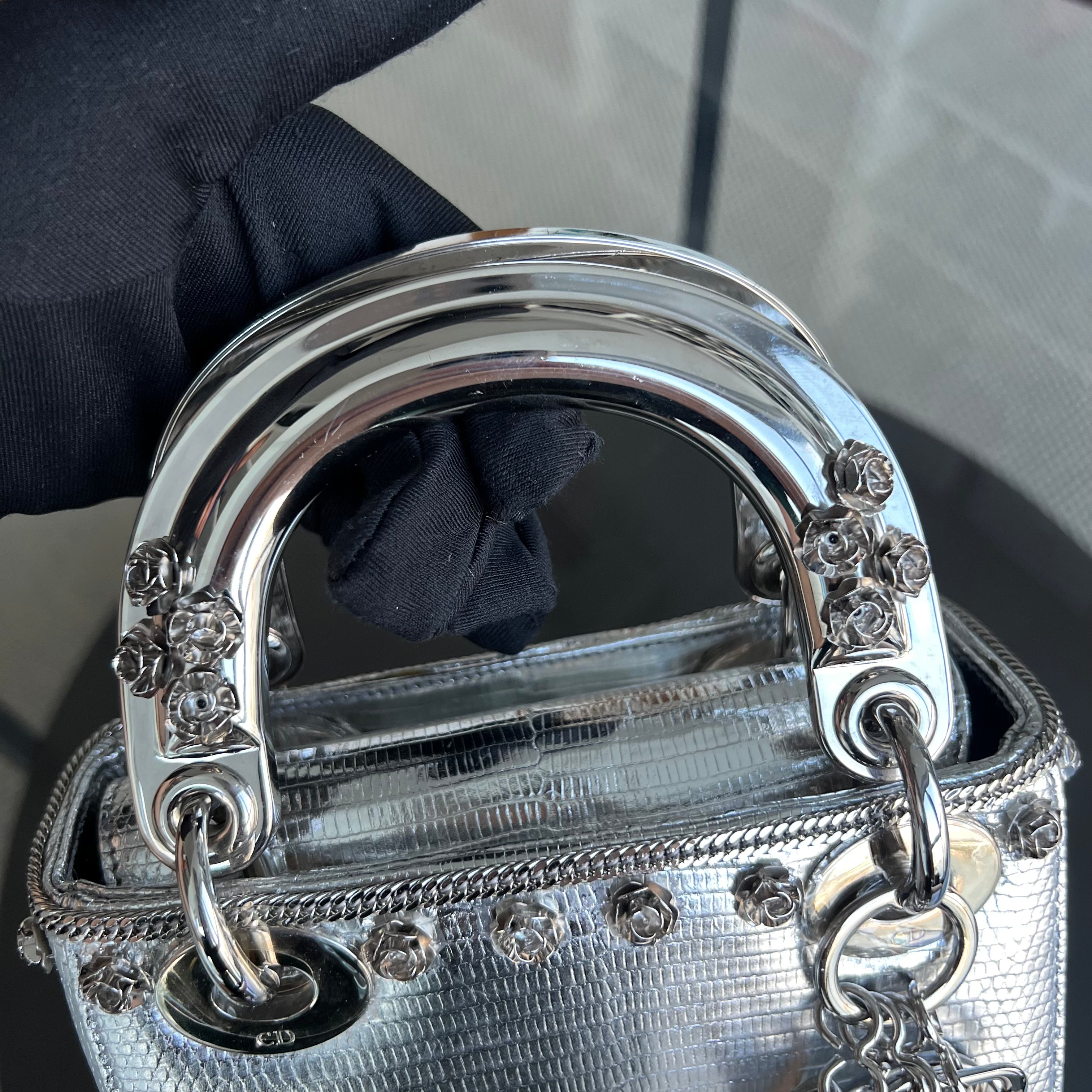 *Rare, Exotic* Dior Lady Mini Metallic Lizard Leather Silver Hardware Adjustable Strap - Luxury Evermore