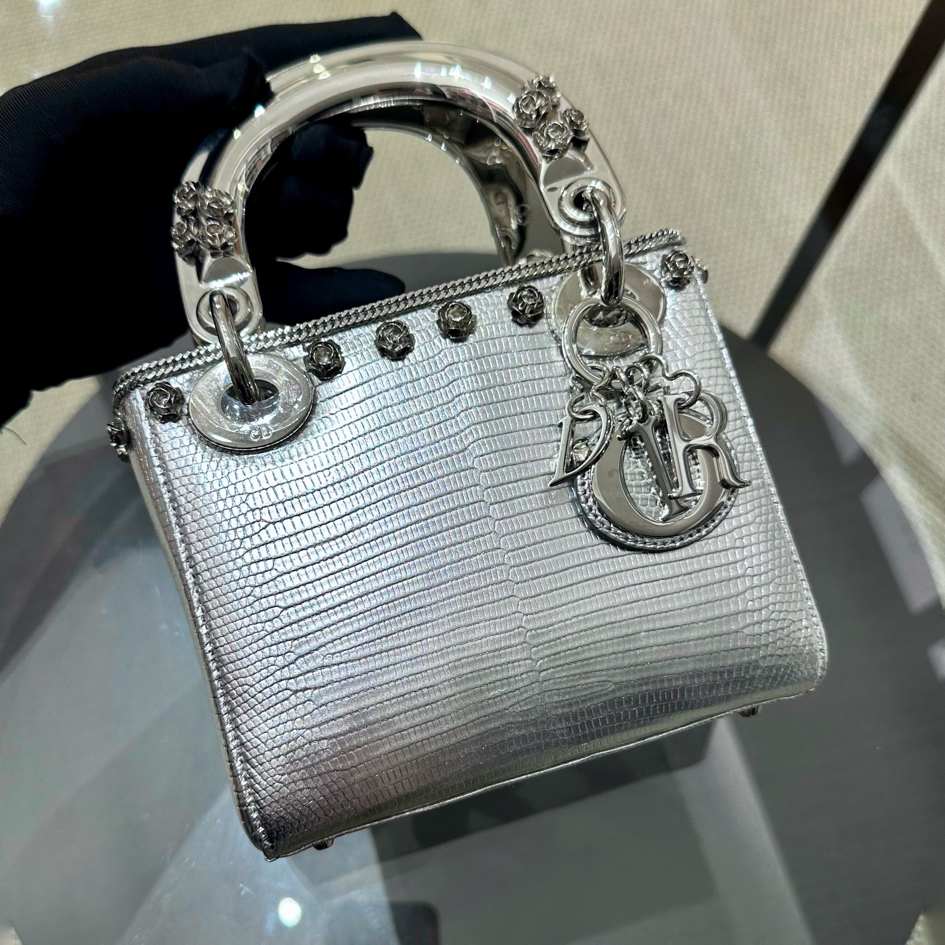 *Rare, Exotic* Dior Lady Mini Metallic Lizard Leather Silver Hardware Adjustable Strap - Luxury Evermore