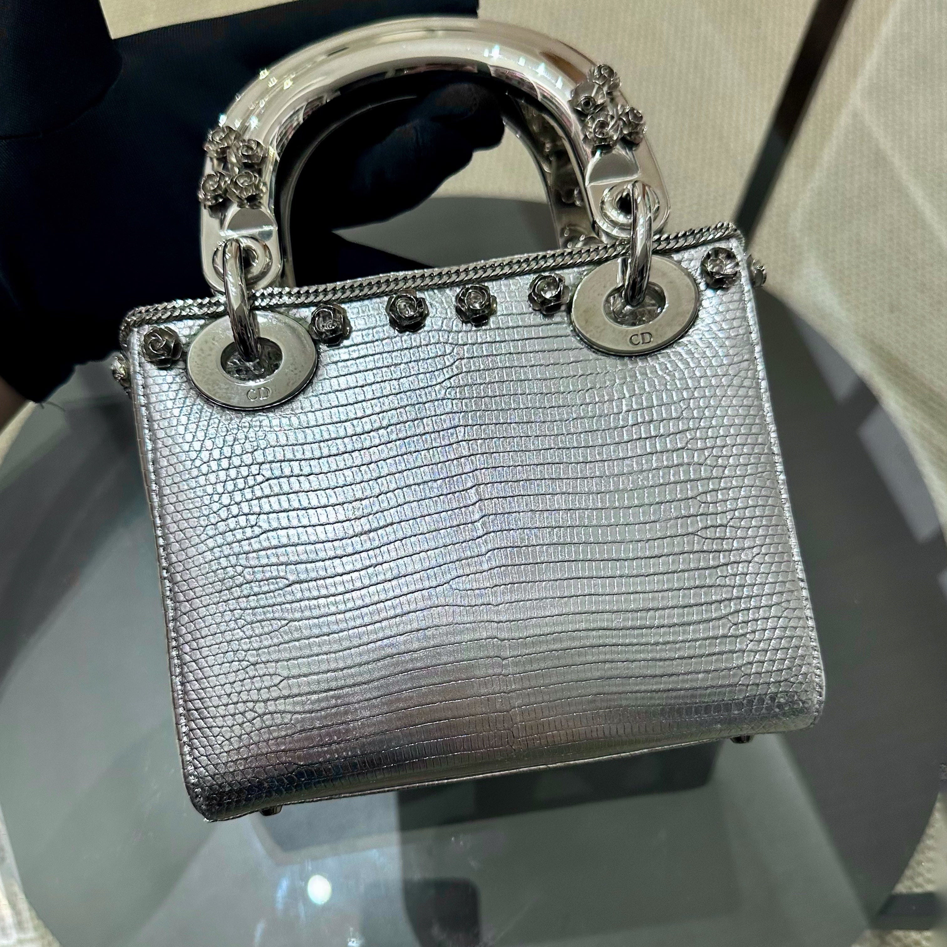 *Rare, Exotic* Dior Lady Mini Metallic Lizard Leather Silver Hardware Adjustable Strap - Luxury Evermore