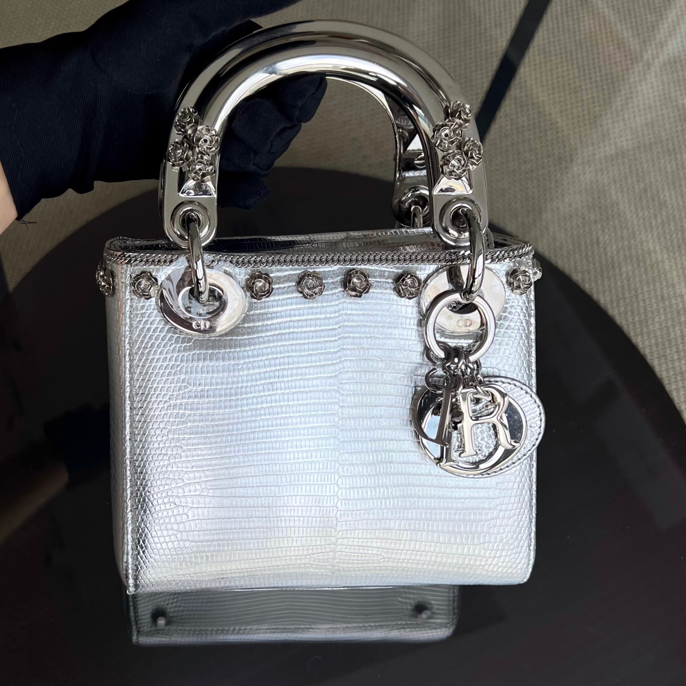 *Rare, Exotic* Dior Lady Mini Metallic Lizard Leather Silver Hardware Adjustable Strap - Luxury Evermore