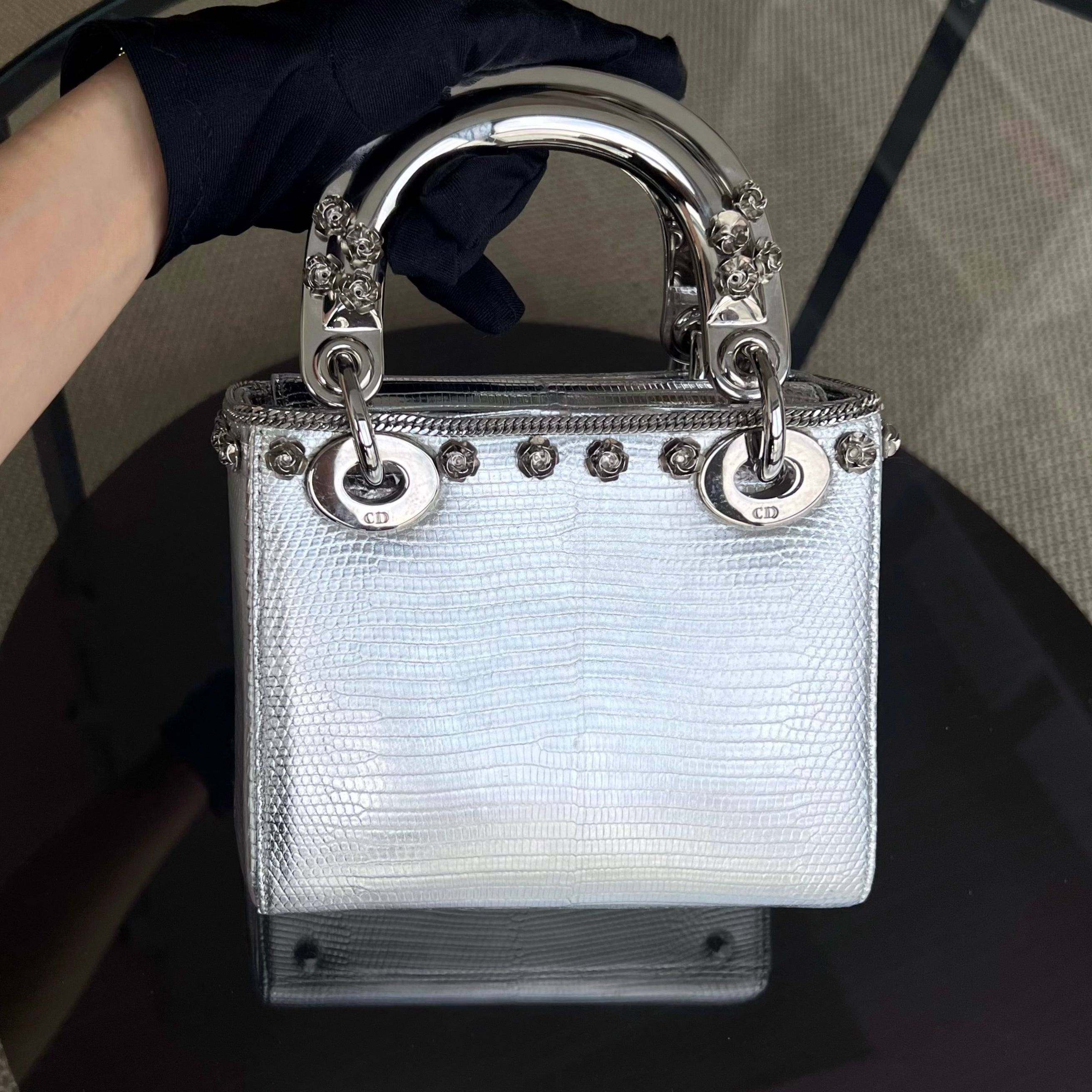 *Rare, Exotic* Dior Lady Mini Metallic Lizard Leather Silver Hardware Adjustable Strap - Luxury Evermore