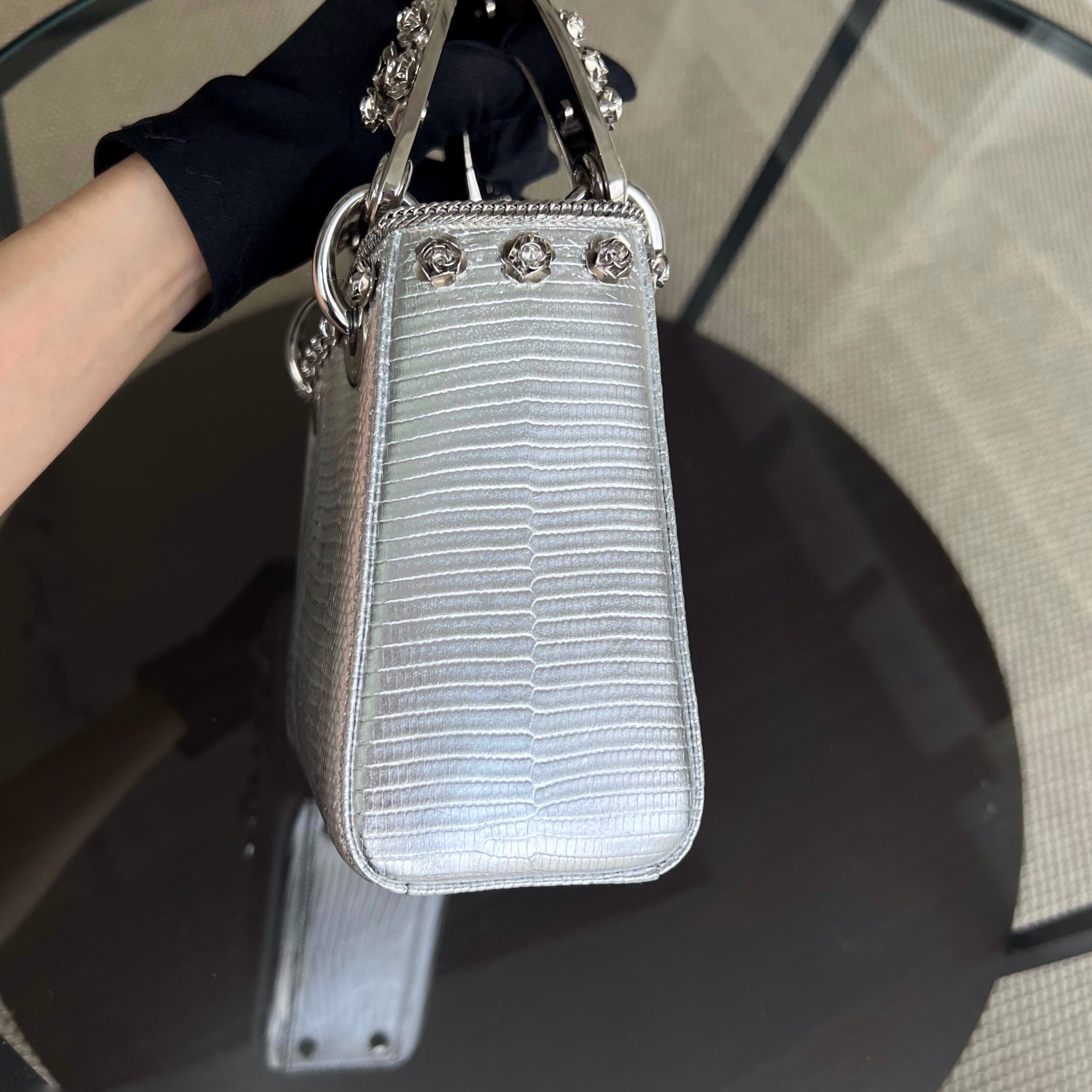 *Rare, Exotic* Dior Lady Mini Metallic Lizard Leather Silver Hardware Adjustable Strap - Luxury Evermore