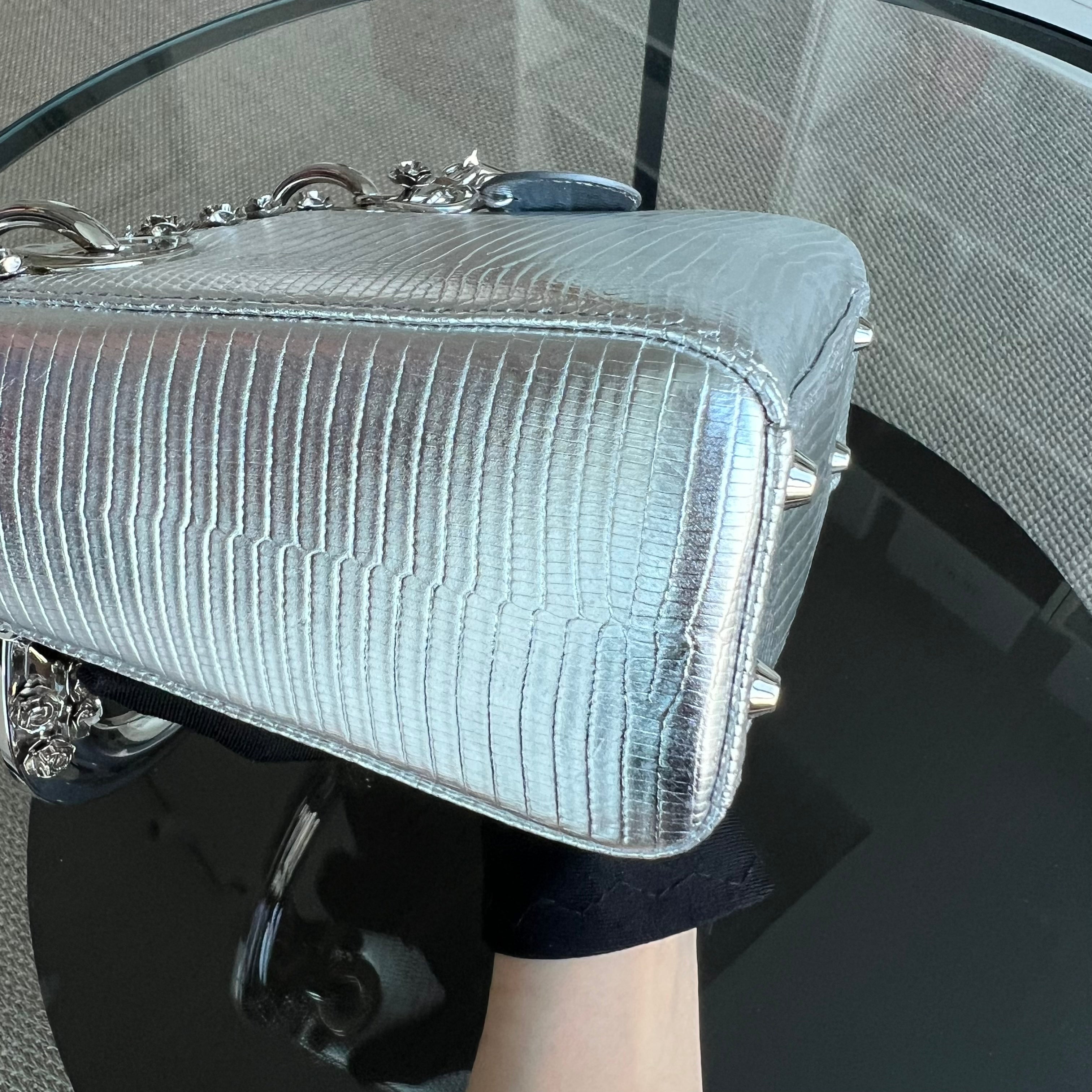 *Rare, Exotic* Dior Lady Mini Metallic Lizard Leather Silver Hardware Adjustable Strap - Luxury Evermore