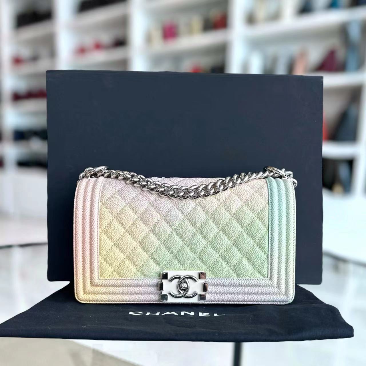 *Rare, Unused* Chanel Caviar Boy Old Medium 25CM Quilted Grained Calfskin Rainbow Multicolor Series 25 - Luxury Evermore