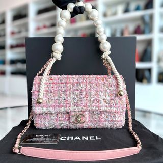 *Rare, Unused* Chanel Tweed Small Classic Flap Pearl Handle Pink GHW No 28 - Luxury Evermore