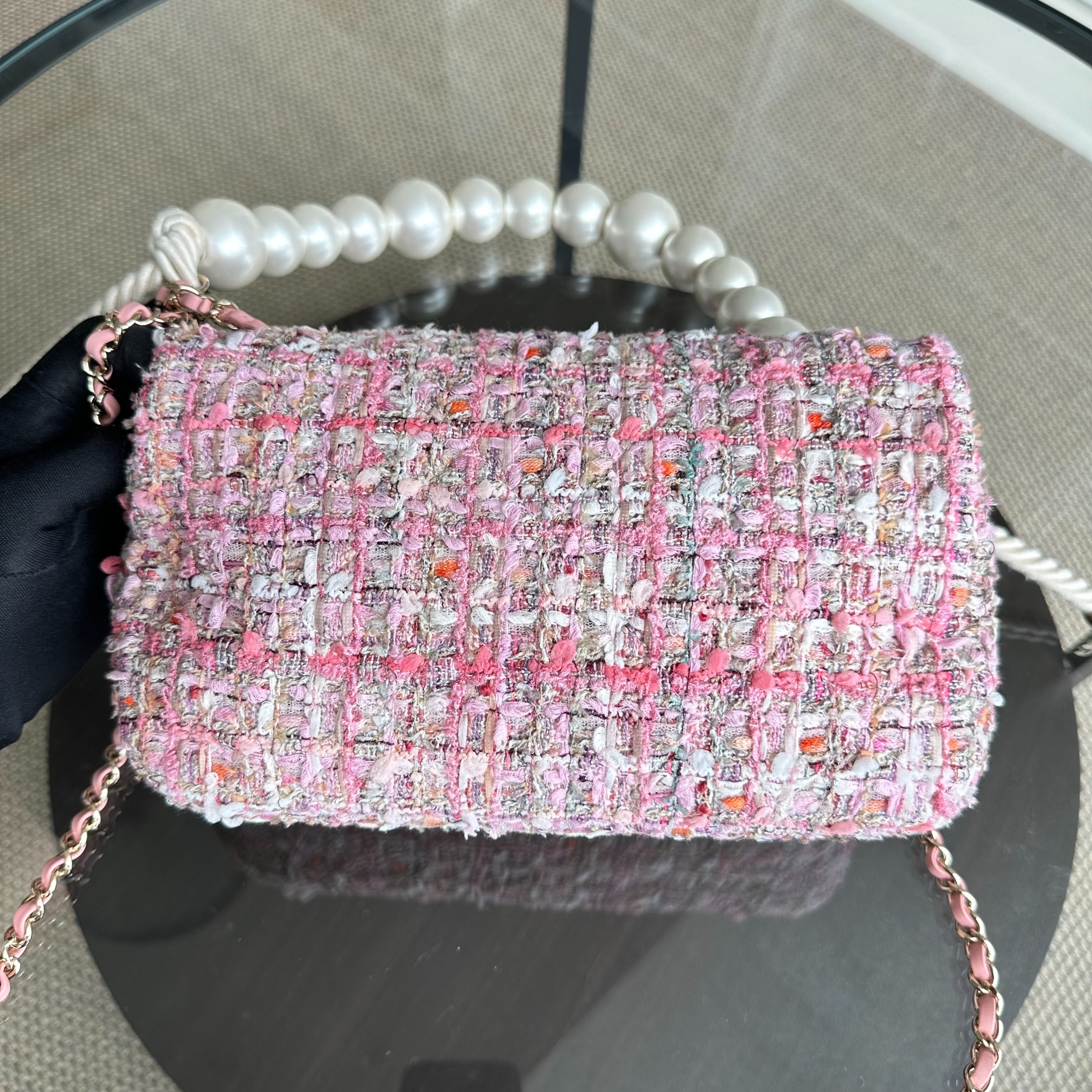 *Rare, Unused* Chanel Tweed Small Classic Flap Pearl Handle Pink GHW No 28 - Luxury Evermore