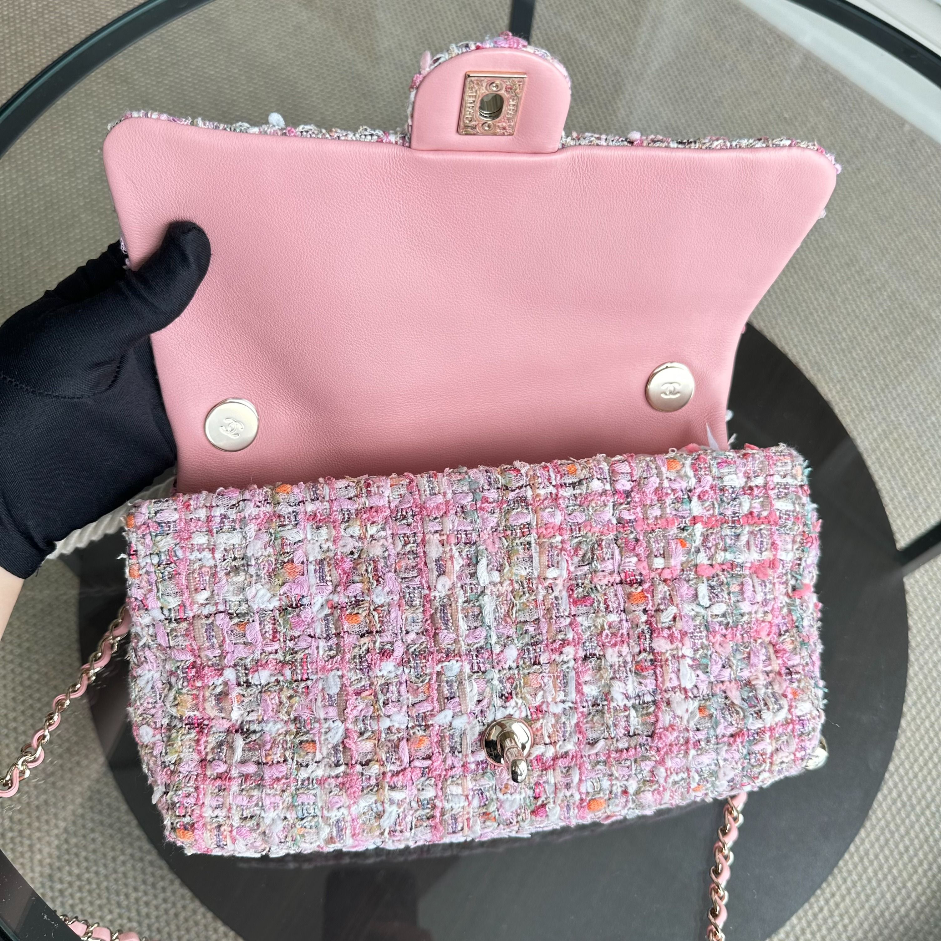 *Rare, Unused* Chanel Tweed Small Classic Flap Pearl Handle Pink GHW No 28 - Luxury Evermore