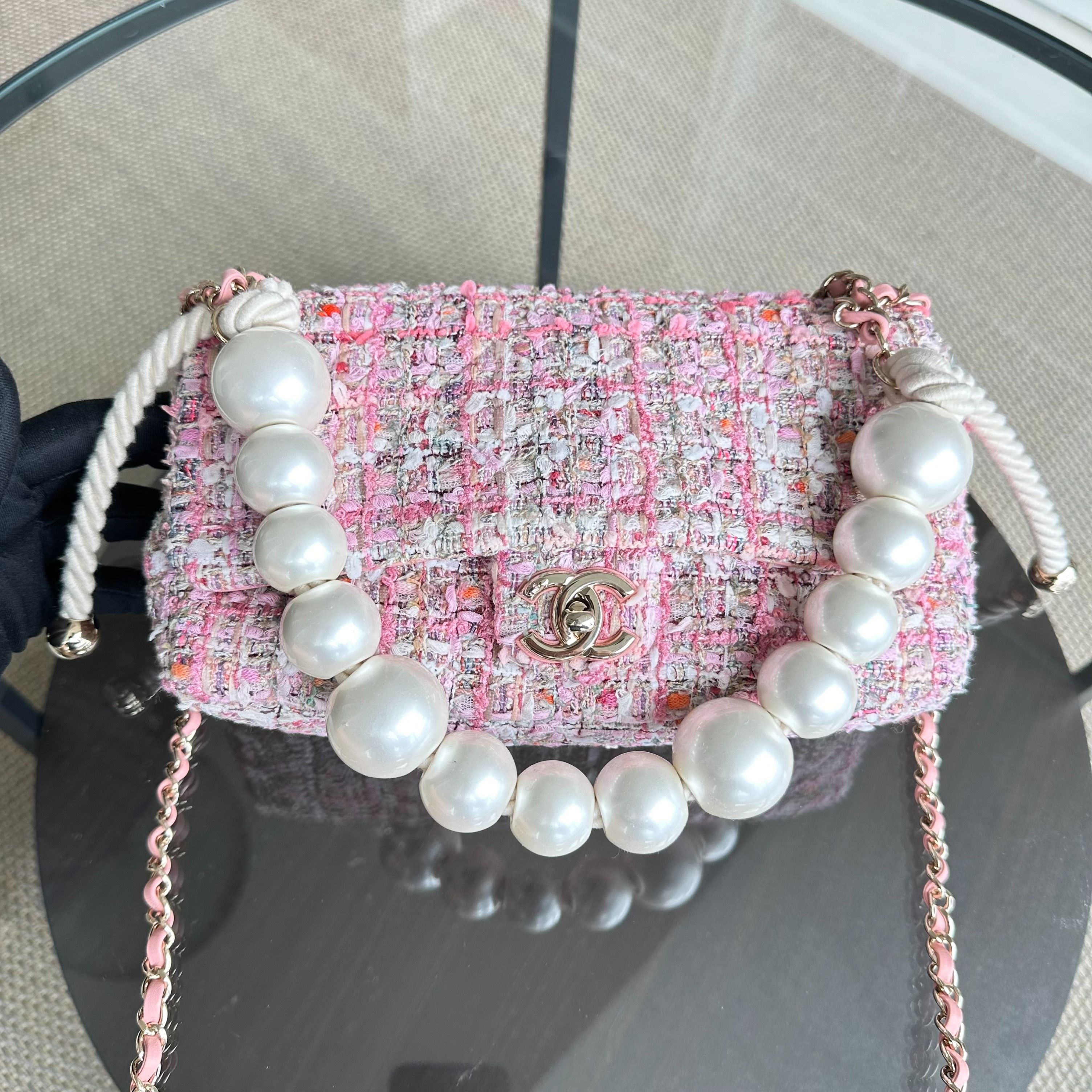 *Rare, Unused* Chanel Tweed Small Classic Flap Pearl Handle Pink GHW No 28 - Luxury Evermore