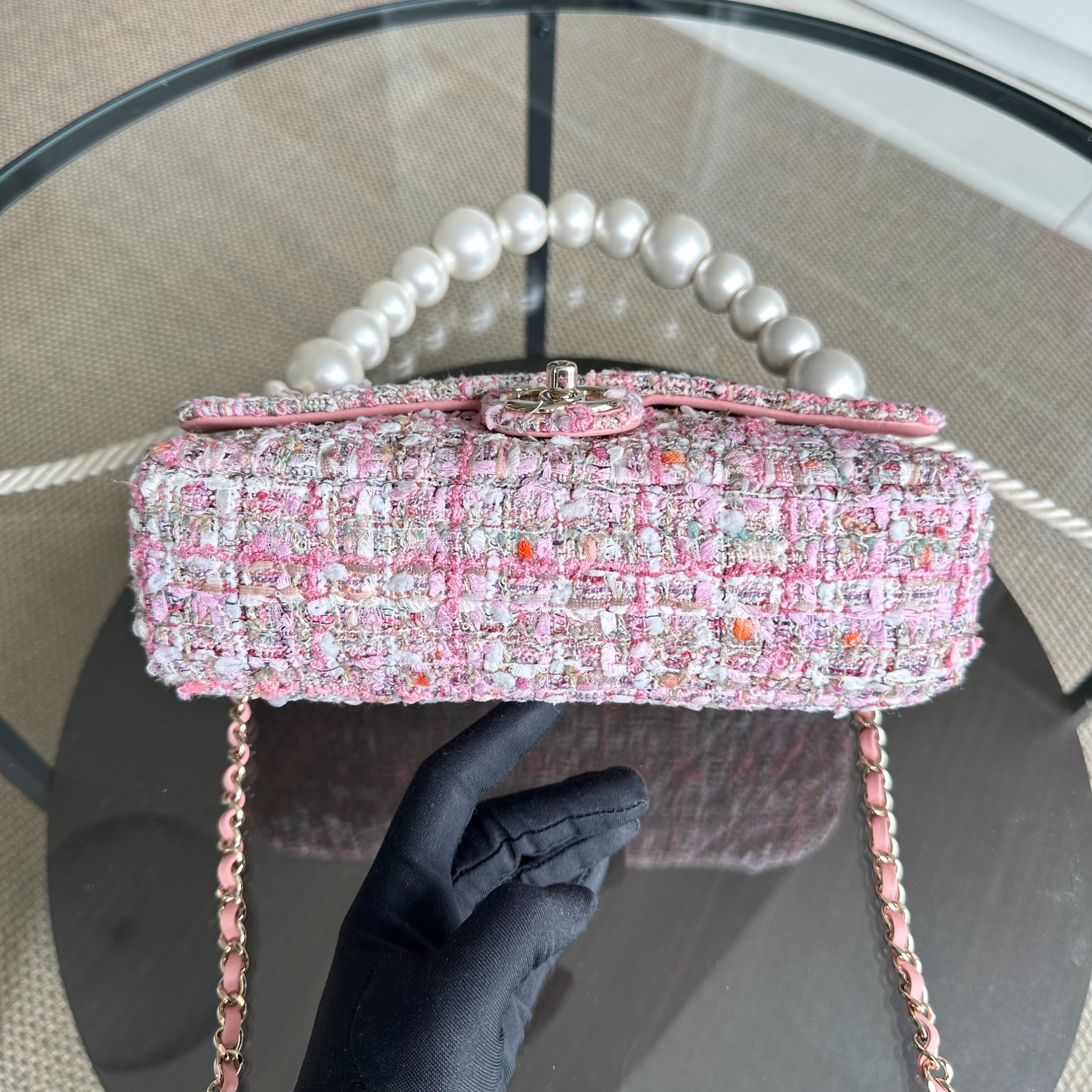 *Rare, Unused* Chanel Tweed Small Classic Flap Pearl Handle Pink GHW No 28 - Luxury Evermore