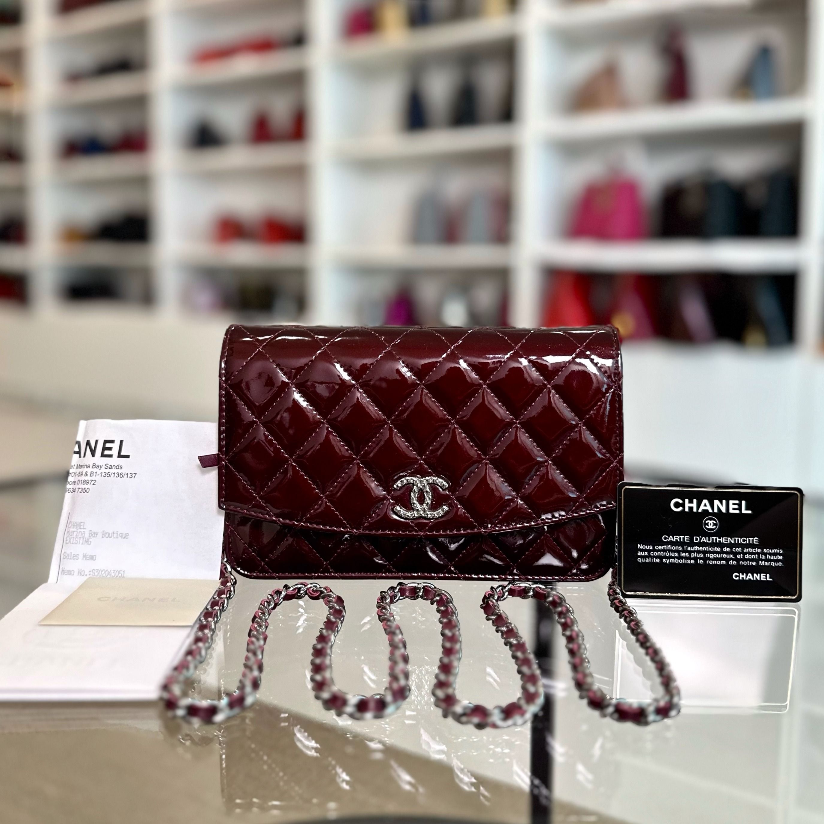 *Receipt* Chanel WOC Wallet On Chain Plum Patent Leather SHW No 18 - Luxury Evermore