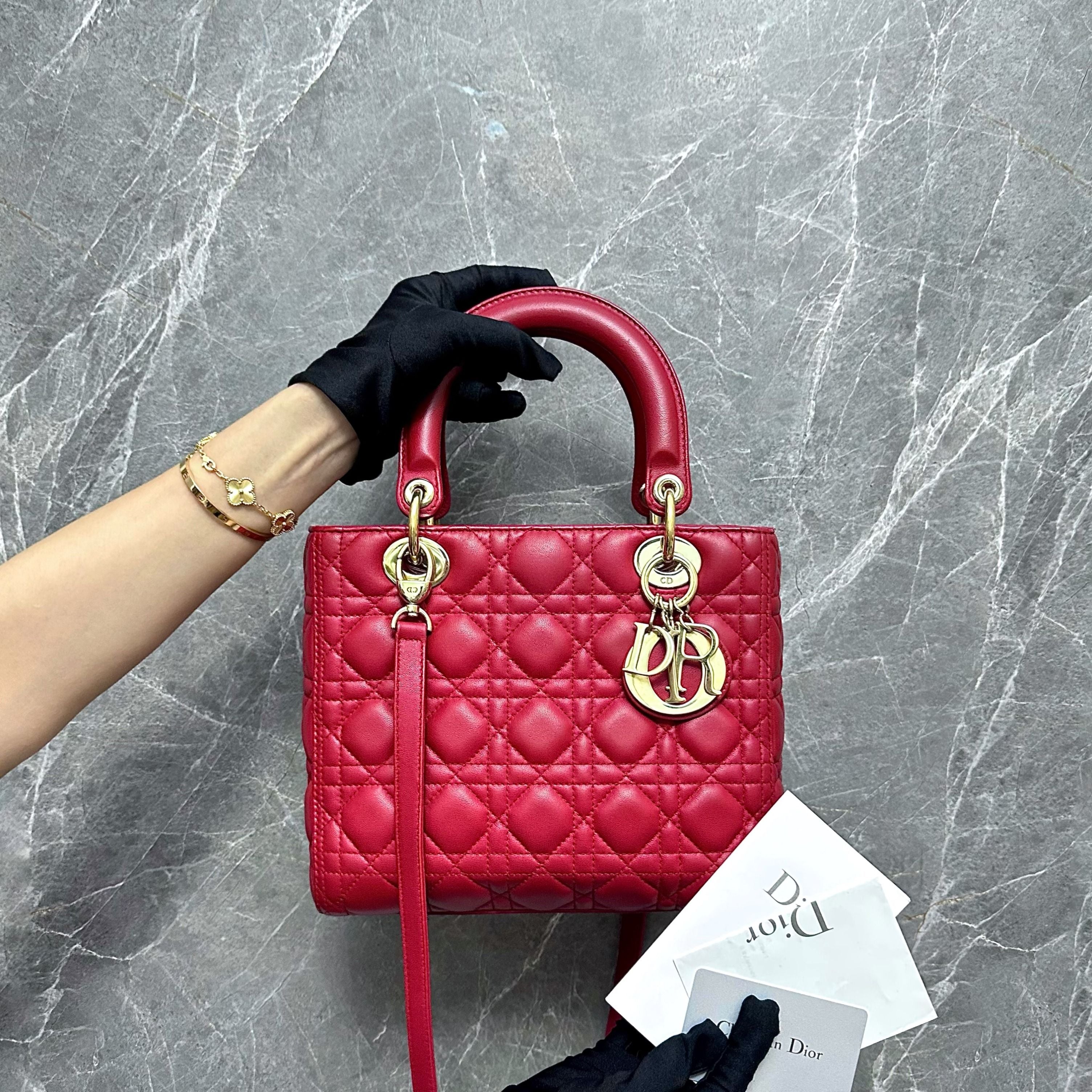 *Receipt* Dior Lady Medium Lambskin Red GHW - Luxury Evermore