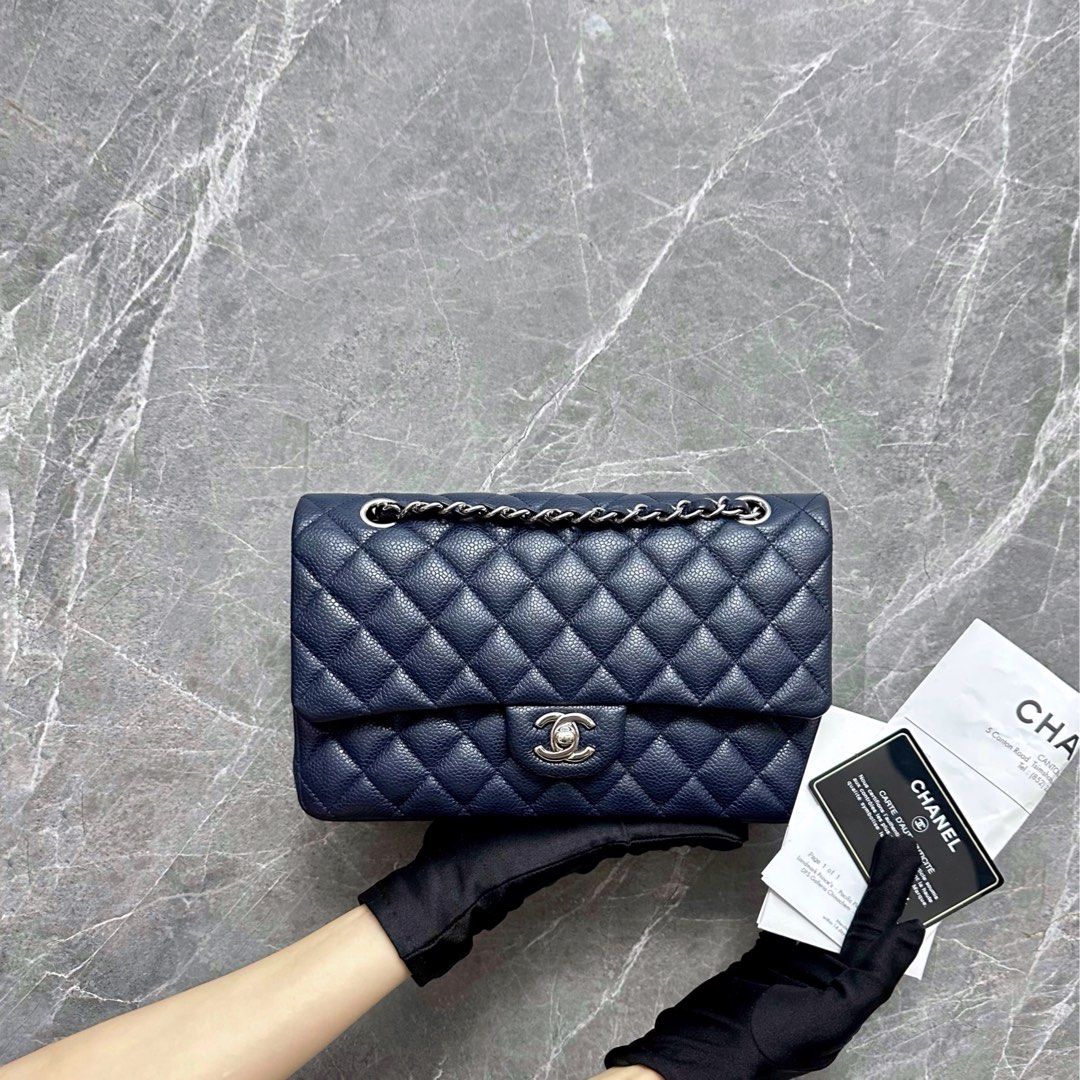 *Receipt Full Set* Chanel Caviar Medium Classic Flap Double Flap Navy Blue No 19 - Luxury Evermore