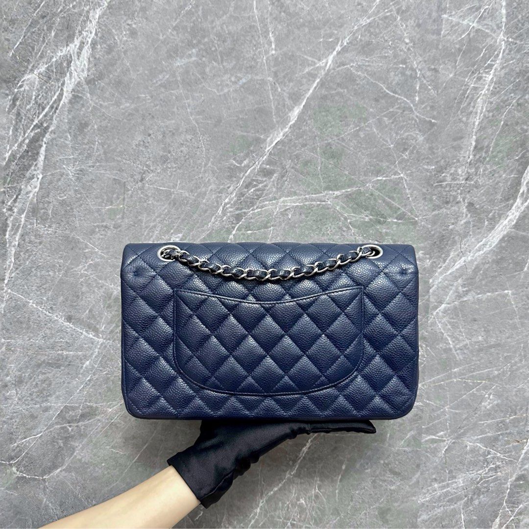 *Receipt Full Set* Chanel Caviar Medium Classic Flap Double Flap Navy Blue No 19 - Luxury Evermore