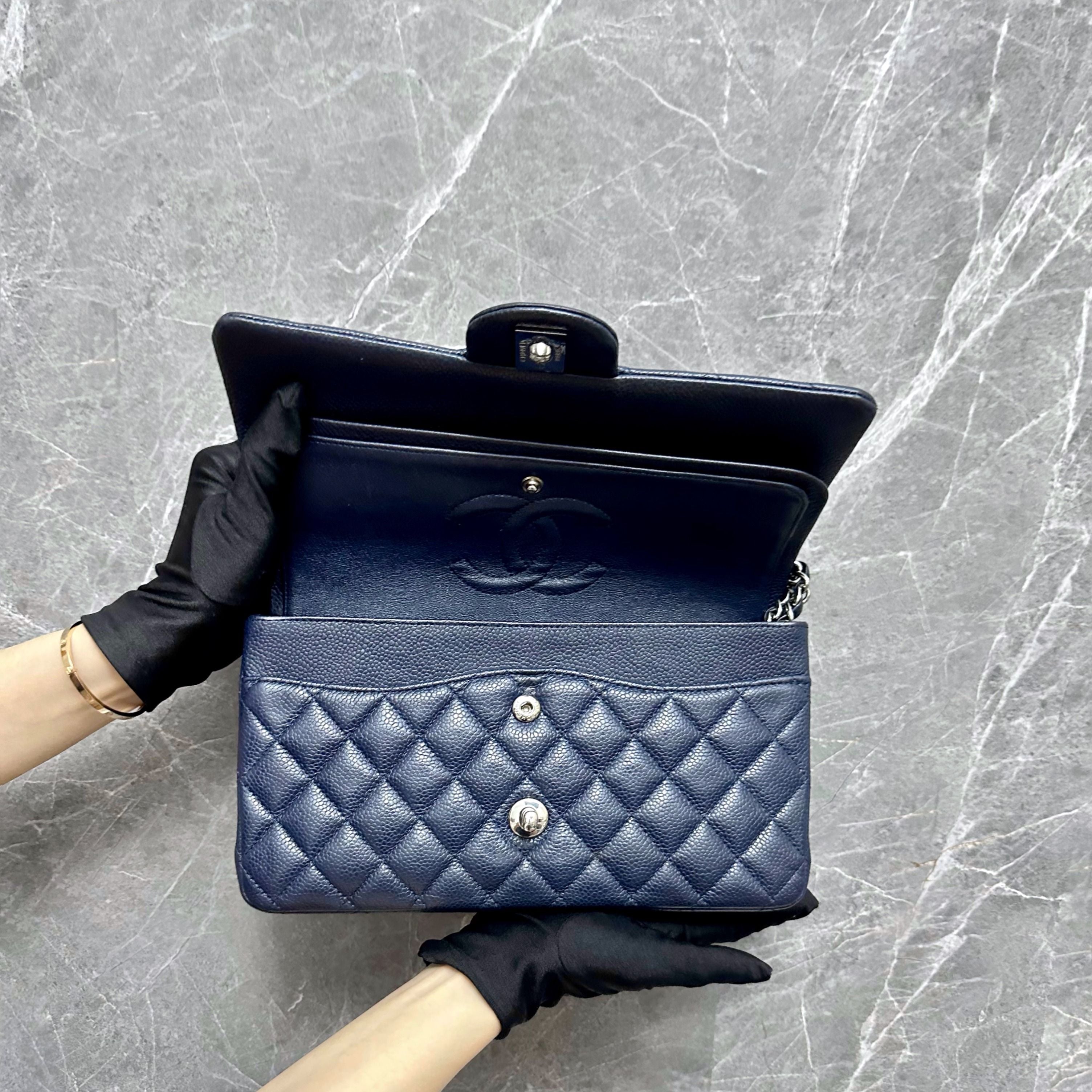 *Receipt Full Set* Chanel Caviar Medium Classic Flap Double Flap Navy Blue No 19 - Luxury Evermore