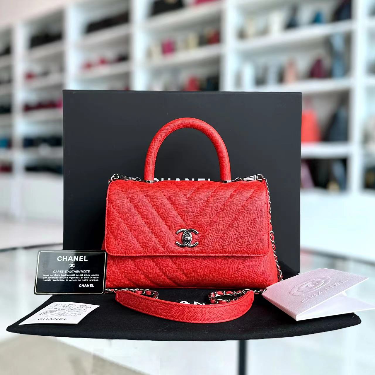 *Receipt, Full Set* Chanel Caviar Small Coco Handle Chevron Calfskin Light Red Silver Hardware Series 28 - Luxury Evermore