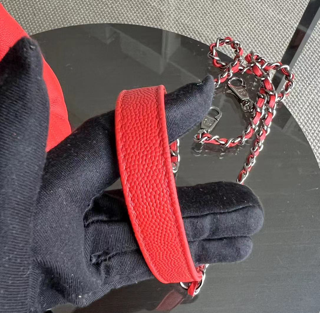 *Receipt, Full Set* Chanel Caviar Small Coco Handle Chevron Calfskin Light Red Silver Hardware Series 28 - Luxury Evermore