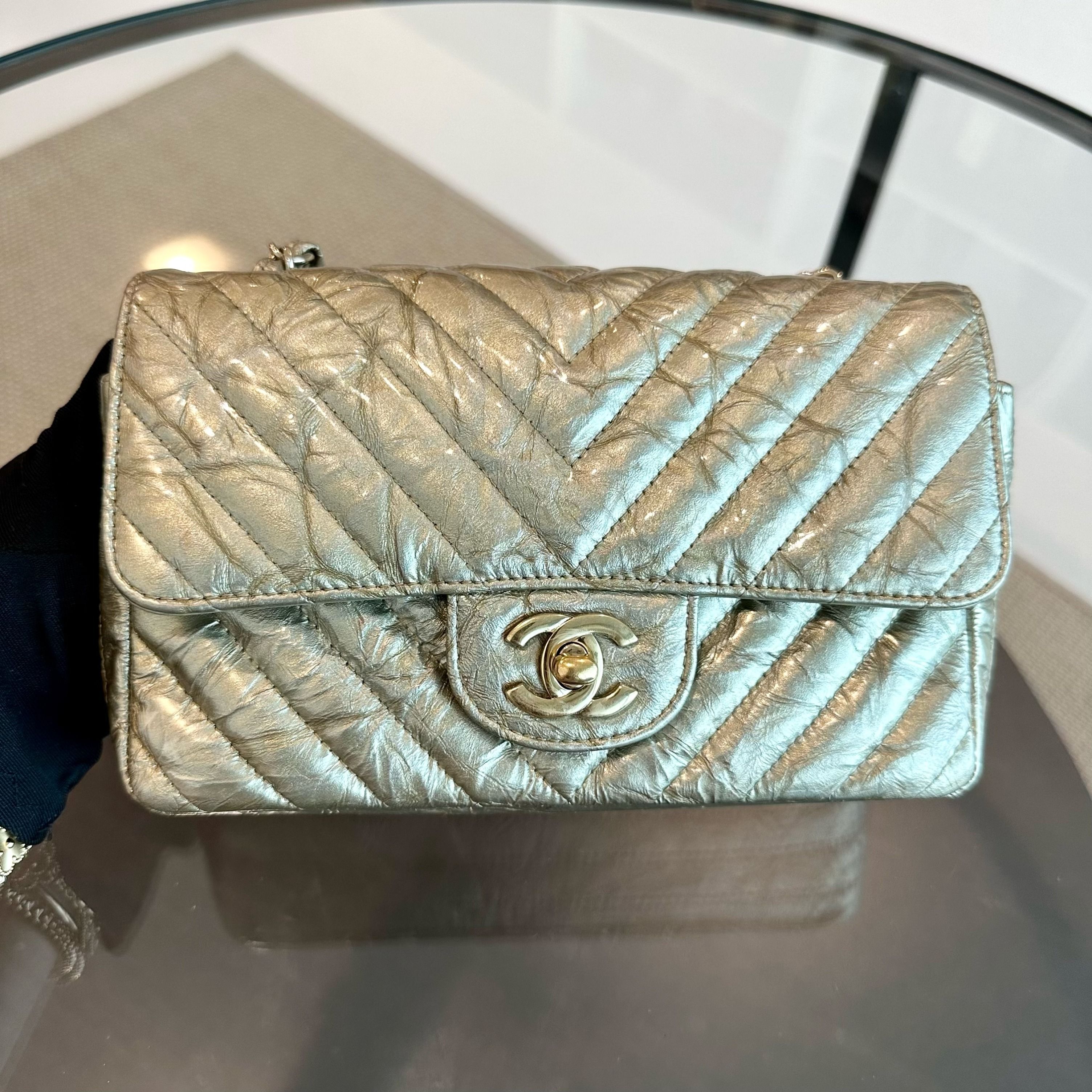 *Receipt, Full Set* Chanel Mini Rectangular Classic Flap Chevron Metallic Crumpled Patent Calfskin Gold GHW No 25 - Luxury Evermore