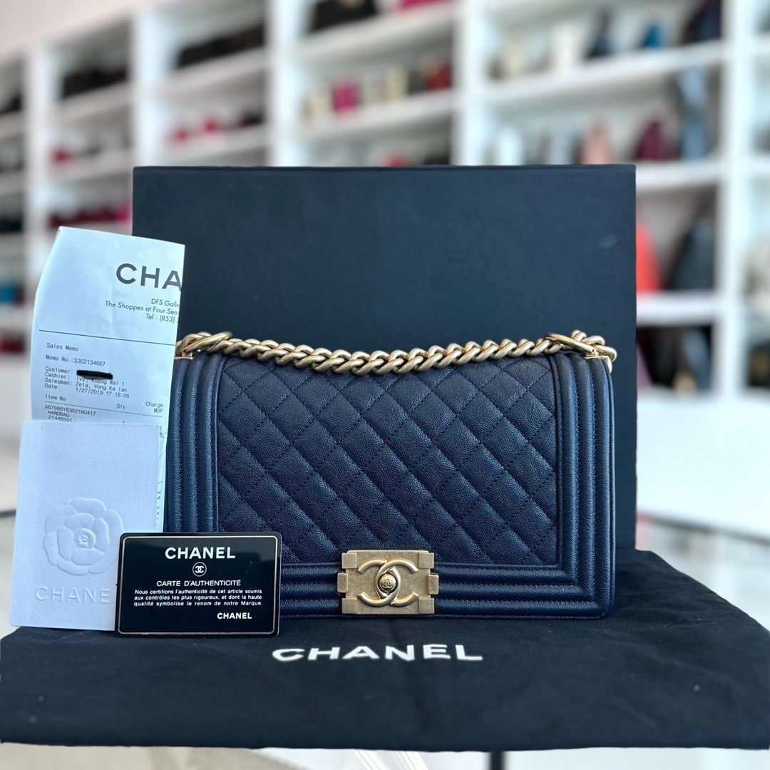 *Receipt, Full Set, Like New, 2019* Chanel Boy Caviar Old Medium 25CM Quilted Leboy Dark Blue GHW No 27 - Luxury Evermore