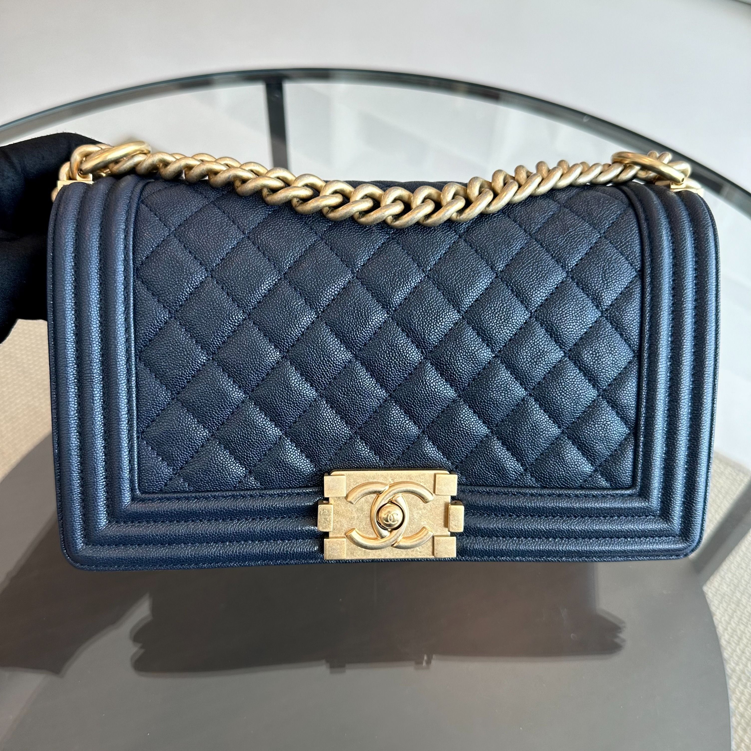 *Receipt, Full Set, Like New, 2019* Chanel Boy Caviar Old Medium 25CM Quilted Leboy Dark Blue GHW No 27 - Luxury Evermore