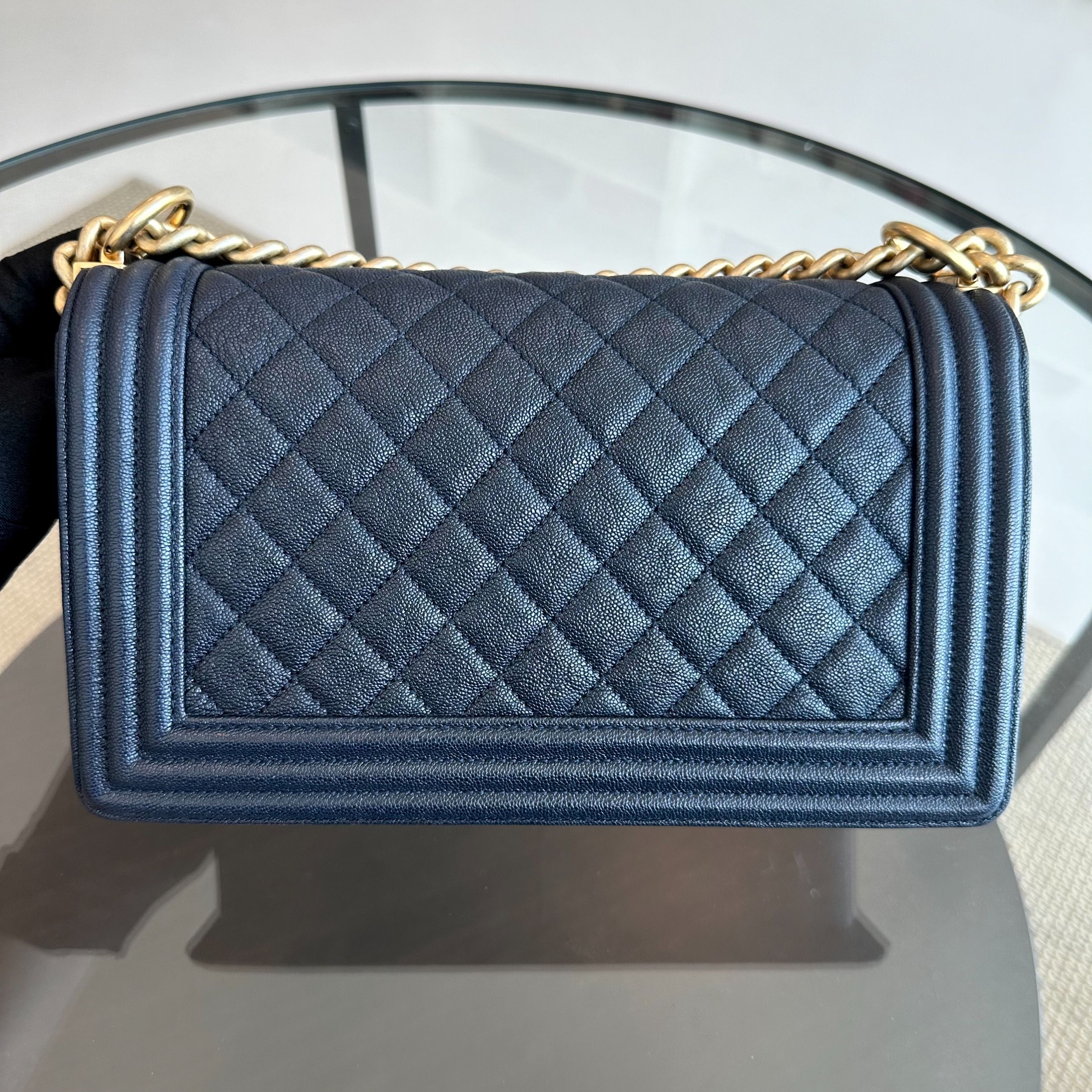 *Receipt, Full Set, Like New, 2019* Chanel Boy Caviar Old Medium 25CM Quilted Leboy Dark Blue GHW No 27 - Luxury Evermore