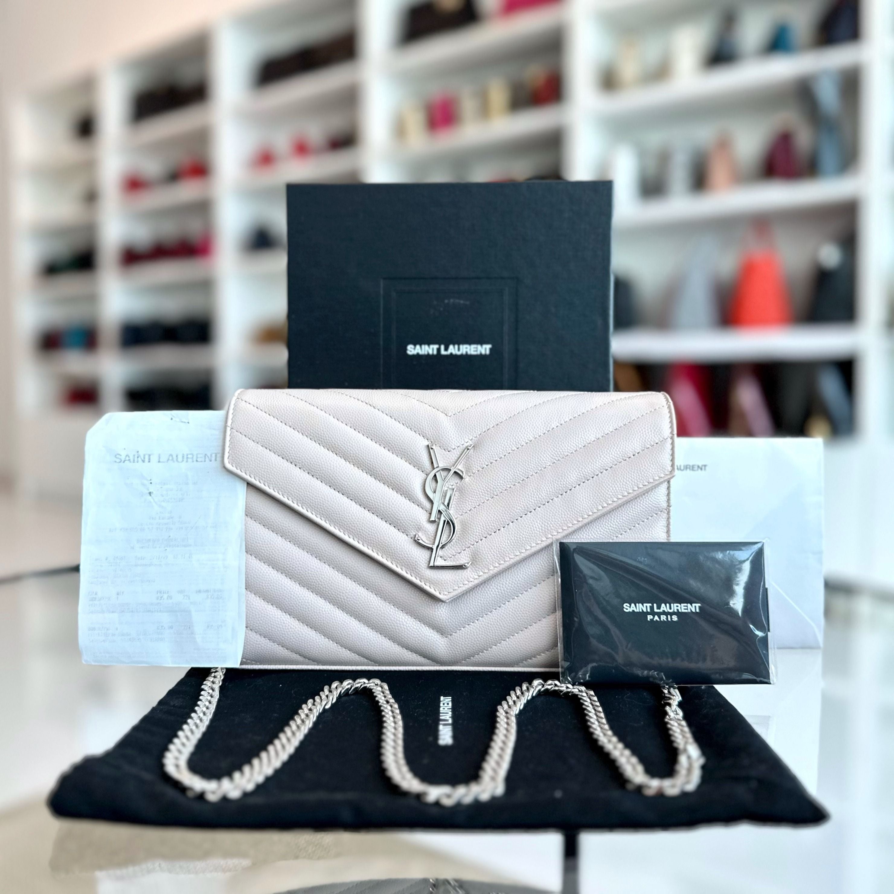 *Receipt Full Set* YSL Yves Saint Laurent WOC Wallet On Chain Chevron De Poudre Envelop Grained Calfskin Light Pink SHW - Luxury Evermore