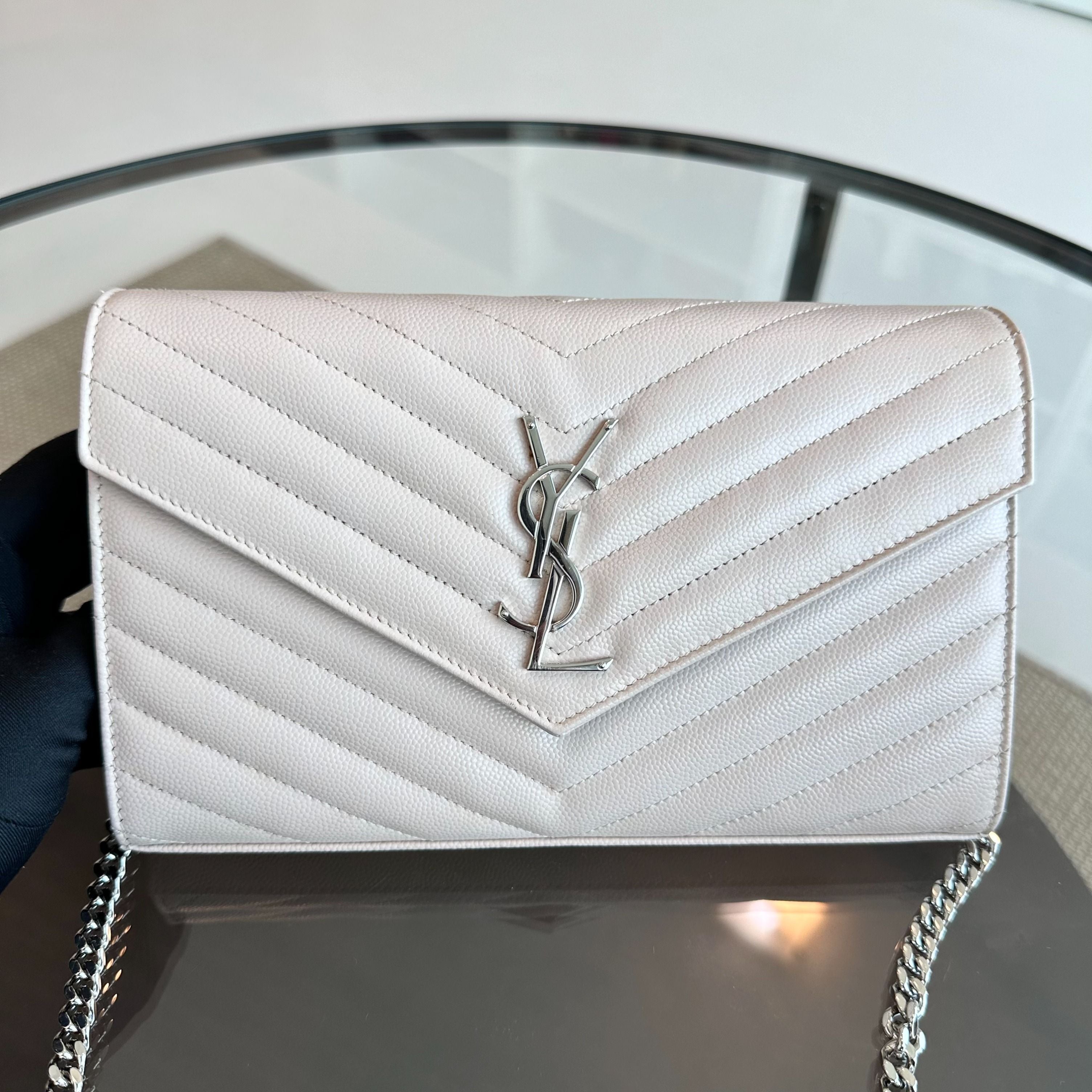 *Receipt Full Set* YSL Yves Saint Laurent WOC Wallet On Chain Chevron De Poudre Envelop Grained Calfskin Light Pink SHW - Luxury Evermore