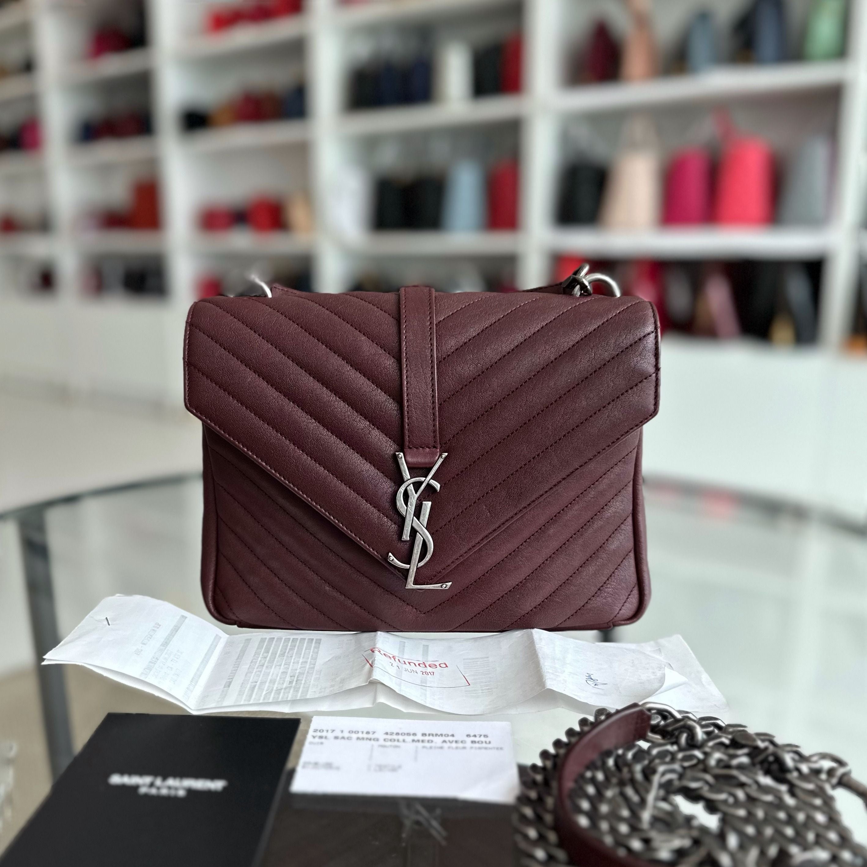 *Receipt* YSL College Medium Chevron Leather Burgundy RSHW - Luxury Evermore