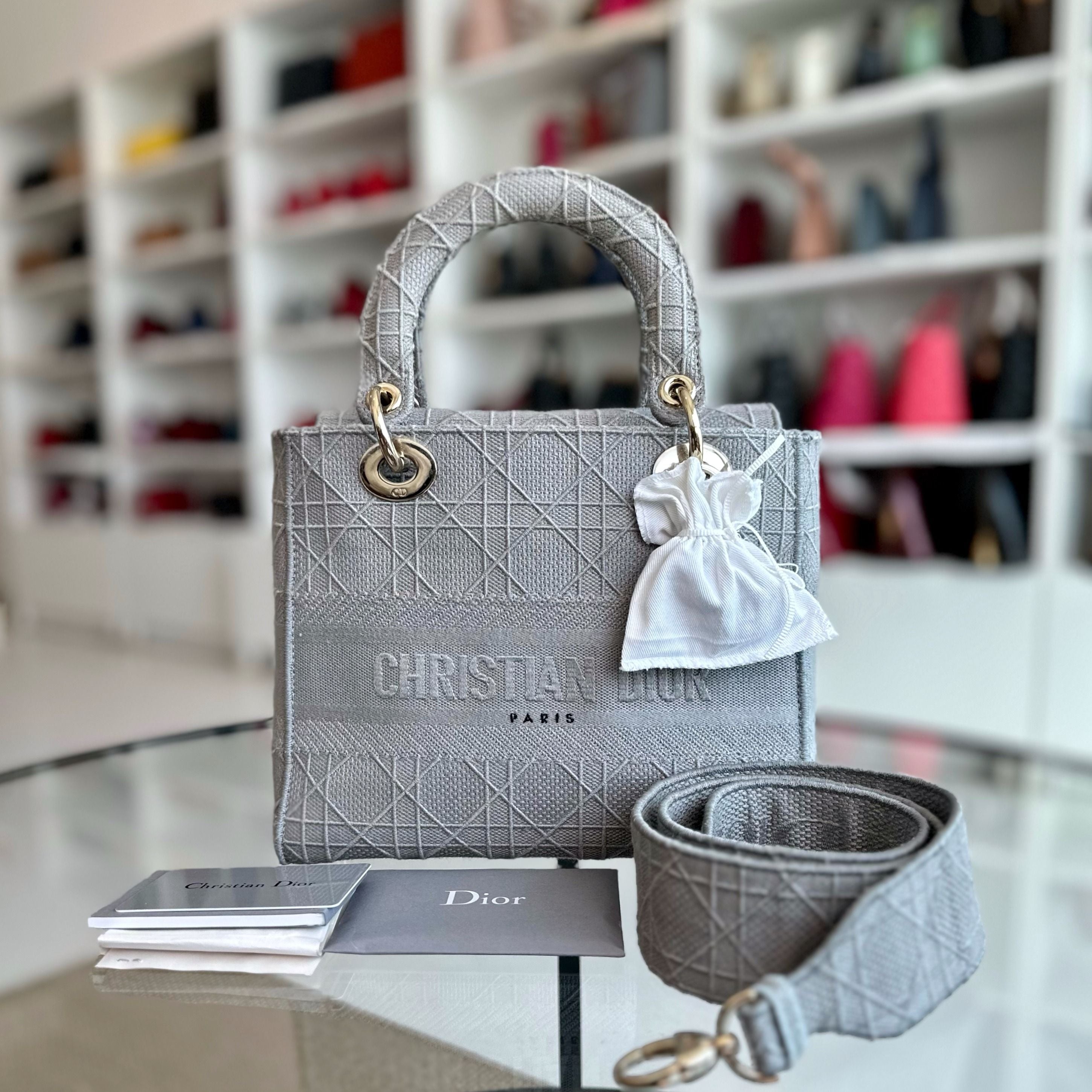 *Reciept* Dior Lady D-Lite Grey Cannage Embroidery GHW - Luxury Evermore