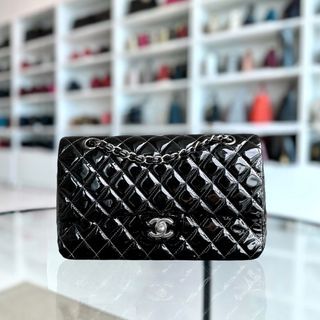 *Recolor* Chanel Medium Classic Flap Quilted Patent Leather Black Silver Hardware Series 17 - Luxury Evermore