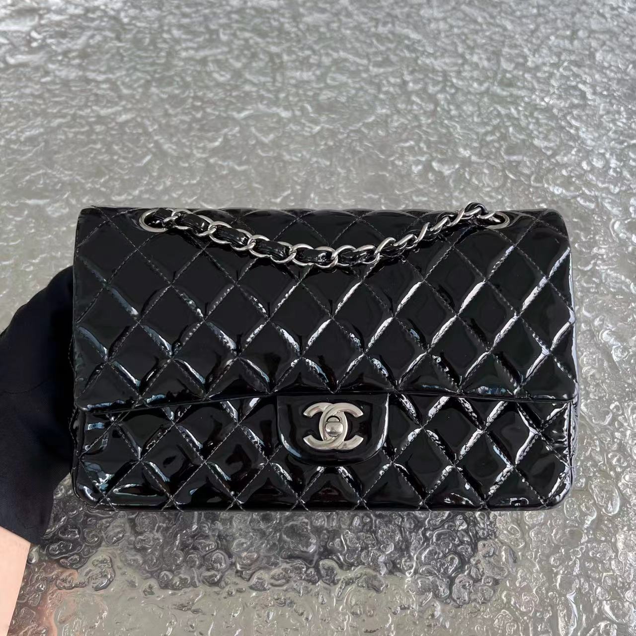 *Recolor* Chanel Medium Classic Flap Quilted Patent Leather Black Silver Hardware Series 17 - Luxury Evermore