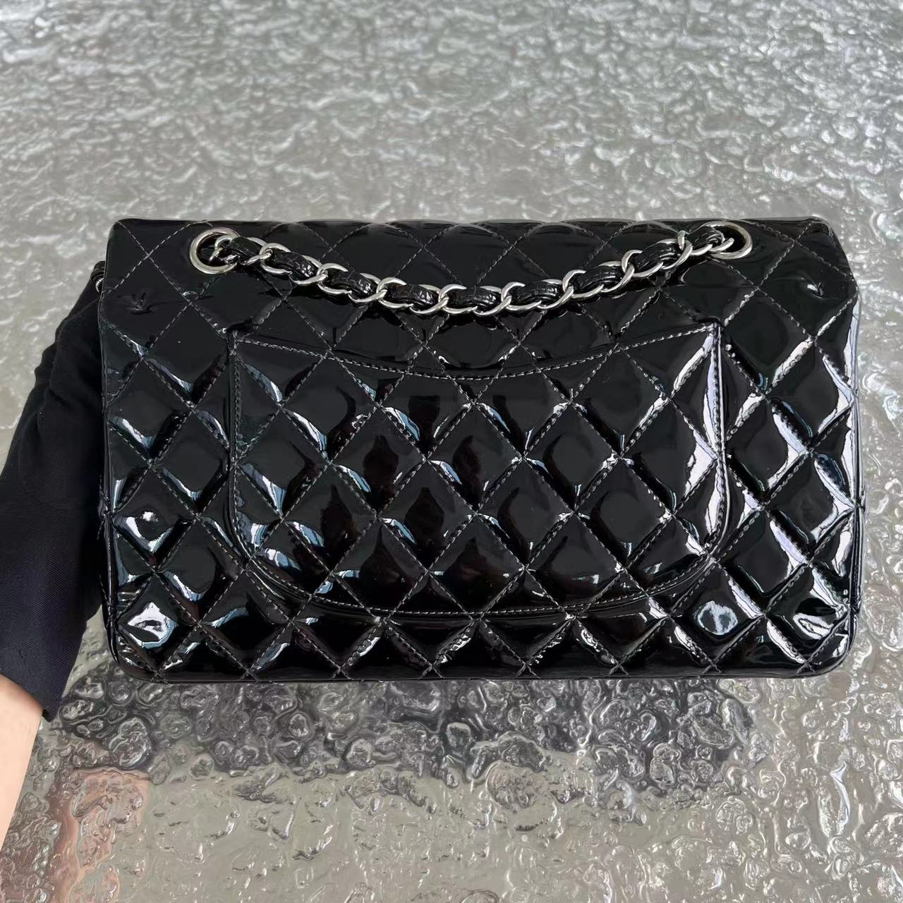 *Recolor* Chanel Medium Classic Flap Quilted Patent Leather Black Silver Hardware Series 17 - Luxury Evermore