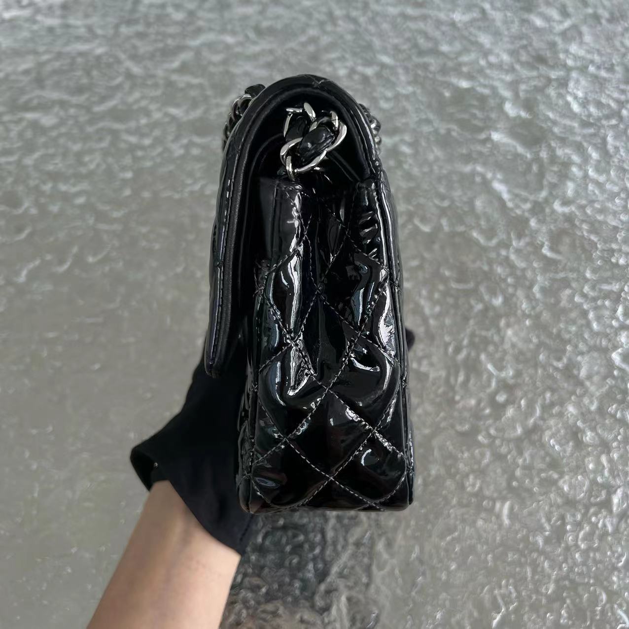 *Recolor* Chanel Medium Classic Flap Quilted Patent Leather Black Silver Hardware Series 17 - Luxury Evermore