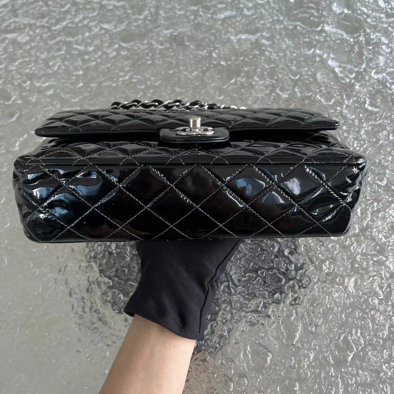 *Recolor* Chanel Medium Classic Flap Quilted Patent Leather Black Silver Hardware Series 17 - Luxury Evermore