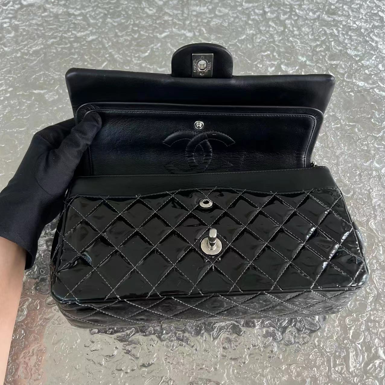 *Recolor* Chanel Medium Classic Flap Quilted Patent Leather Black Silver Hardware Series 17 - Luxury Evermore