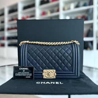 *Series 27, 2019* Chanel Boy Caviar Old Medium 25CM Quilted Calfskin Dark Blue GHW No 27 S$5,600 - Luxury Evermore