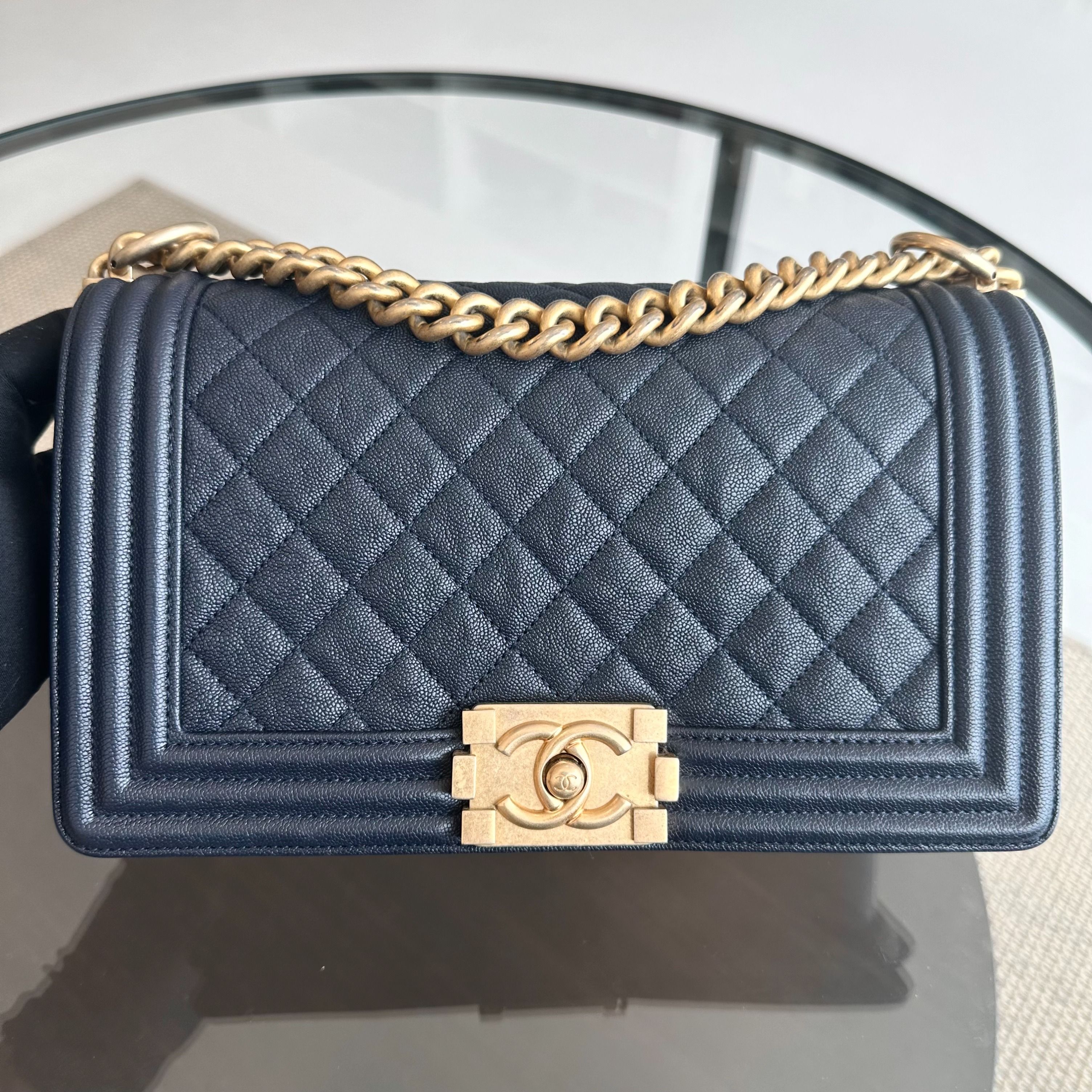 *Series 27, 2019* Chanel Boy Caviar Old Medium 25CM Quilted Calfskin Dark Blue GHW No 27 S$5,600 - Luxury Evermore