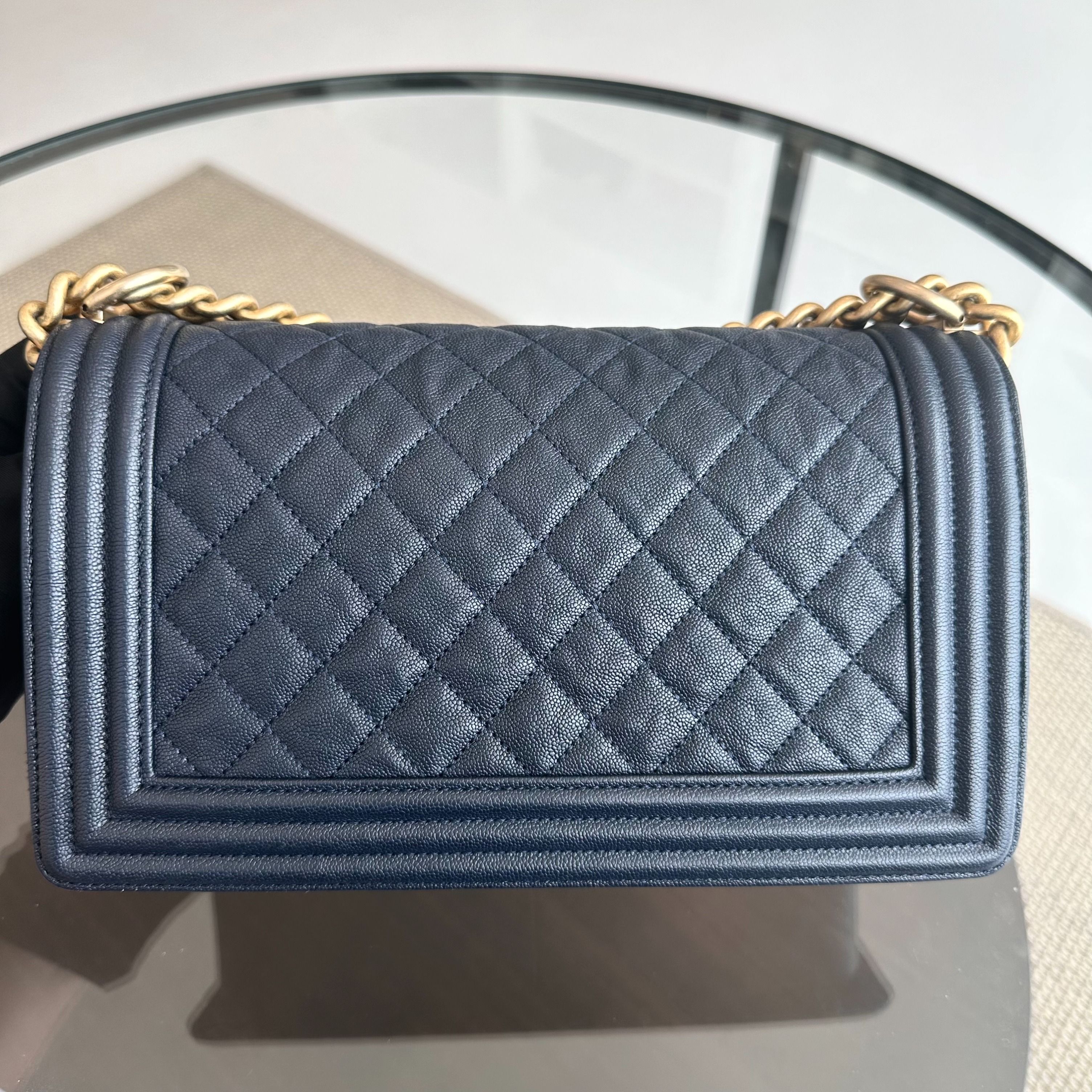 *Series 27, 2019* Chanel Boy Caviar Old Medium 25CM Quilted Calfskin Dark Blue GHW No 27 S$5,600 - Luxury Evermore