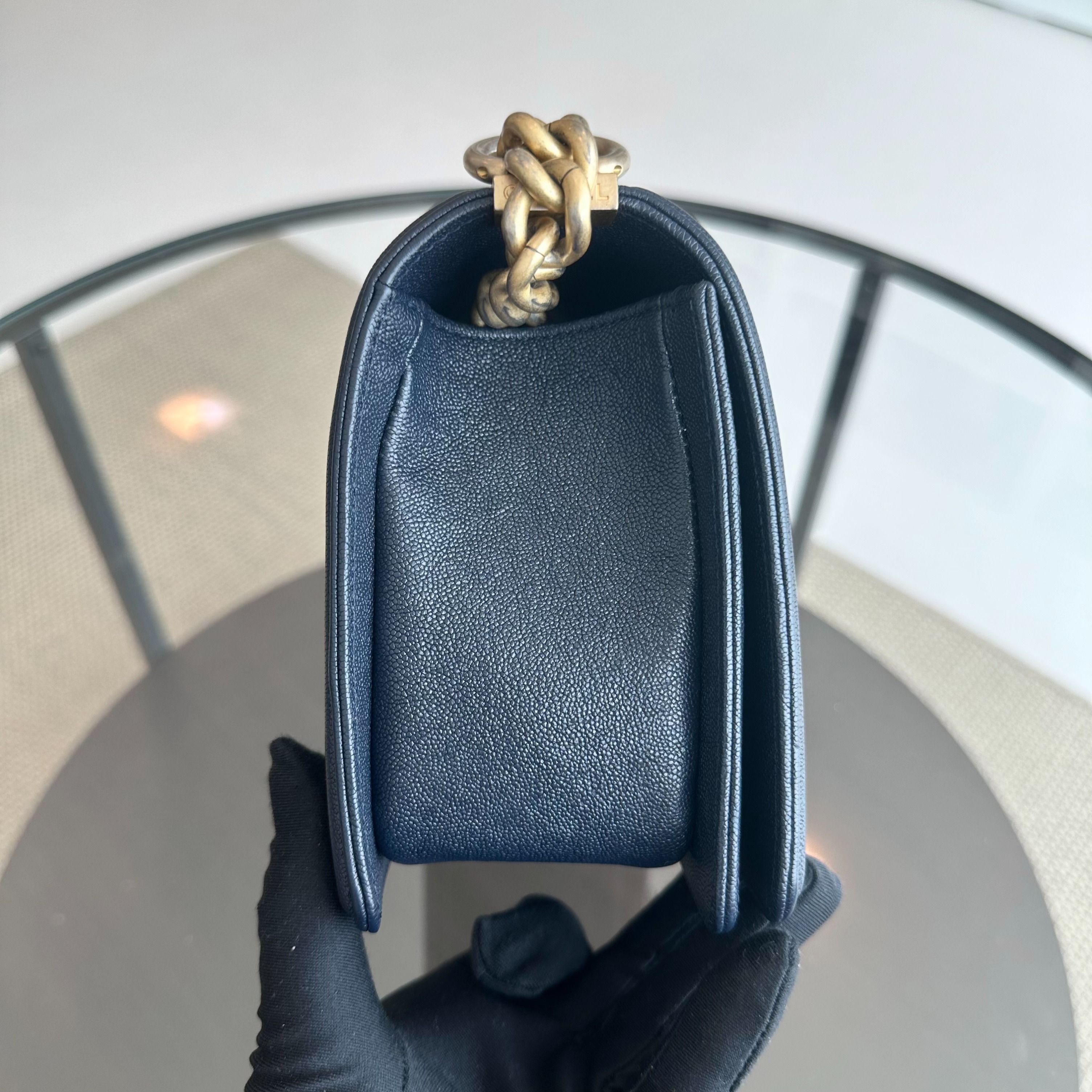 *Series 27, 2019* Chanel Boy Caviar Old Medium 25CM Quilted Calfskin Dark Blue GHW No 27 S$5,600 - Luxury Evermore