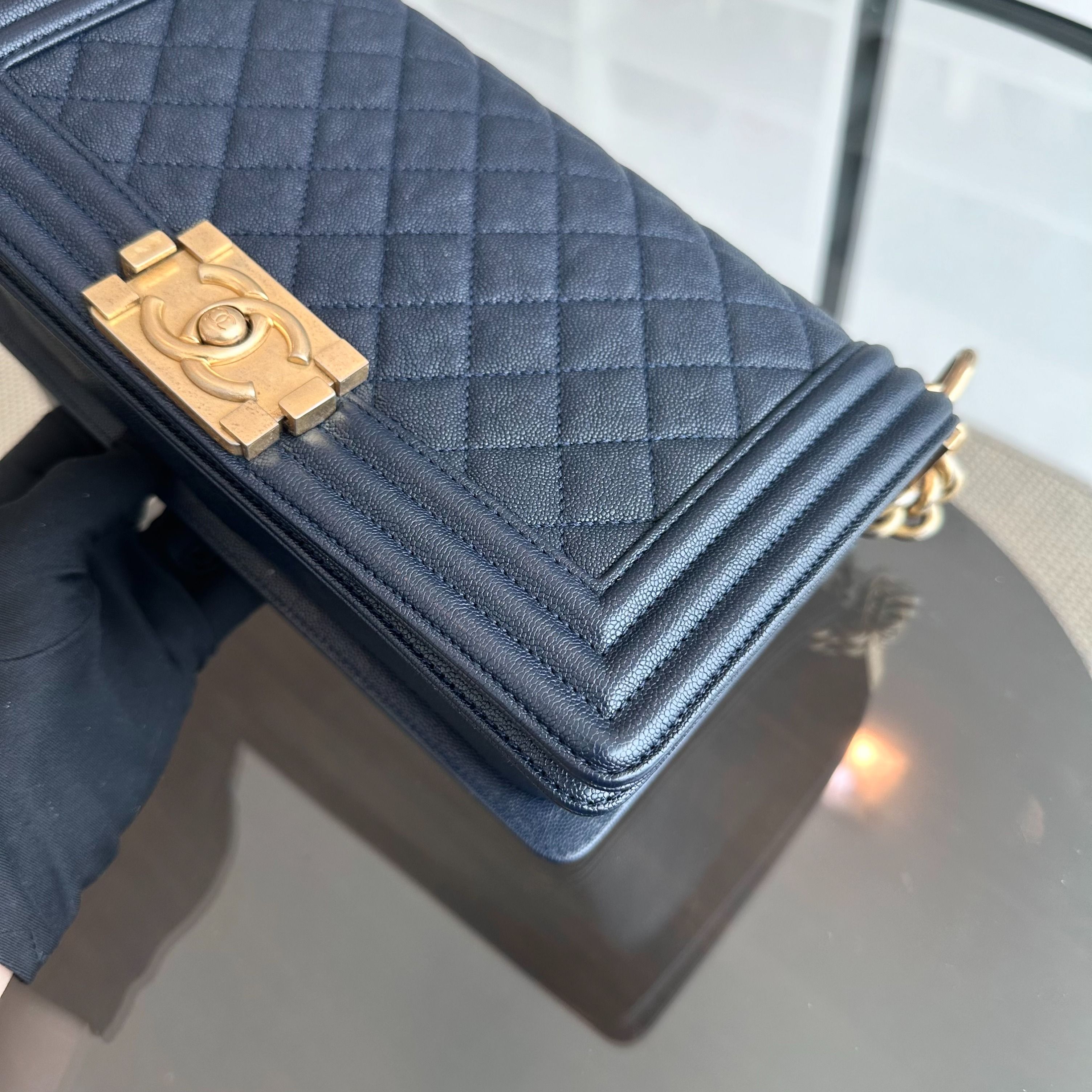 *Series 27, 2019* Chanel Boy Caviar Old Medium 25CM Quilted Calfskin Dark Blue GHW No 27 S$5,600 - Luxury Evermore